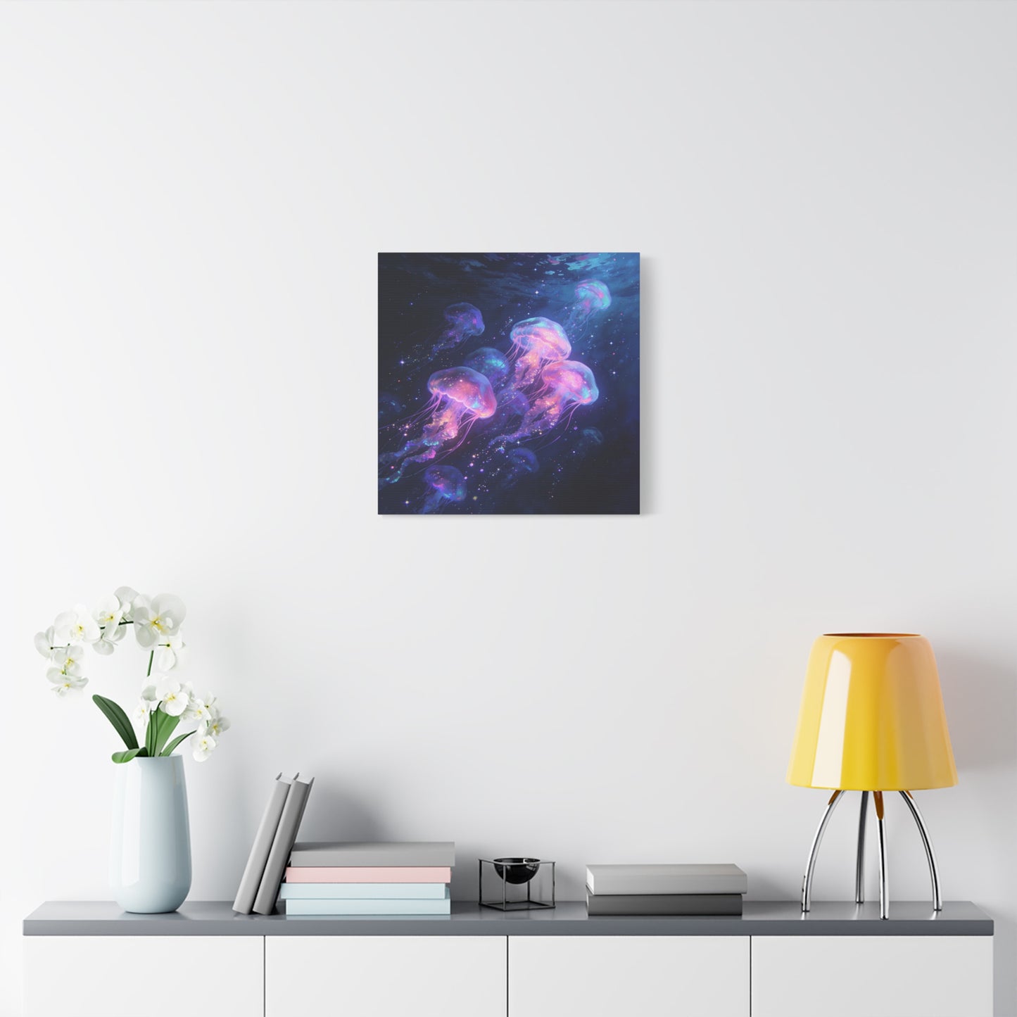 Glowing Jellyfish Canvas Wall Art - Ocean Fantasy Sea Life Decor, Luminous Pink Blue Artwork - Matte Canvas Print, Contemporary Style - Bedroom Wall Decor, Meditation Space Accent - Ready to Hang