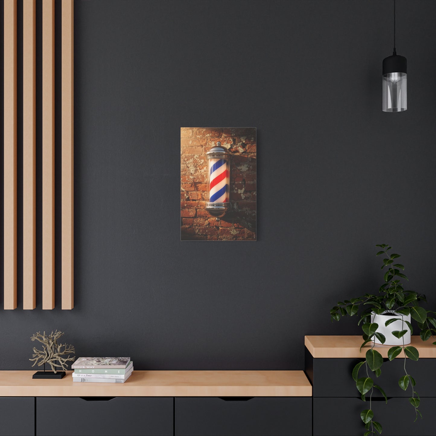 Vintage Barber Pole Canvas Wall Art - Rustic Brick Wall Art Print, Red Blue White Stripe Shop Decor - Matte Cotton Art Print - Barbershop Interior Accent, Lobby Workspace Styling - Ready to Hang