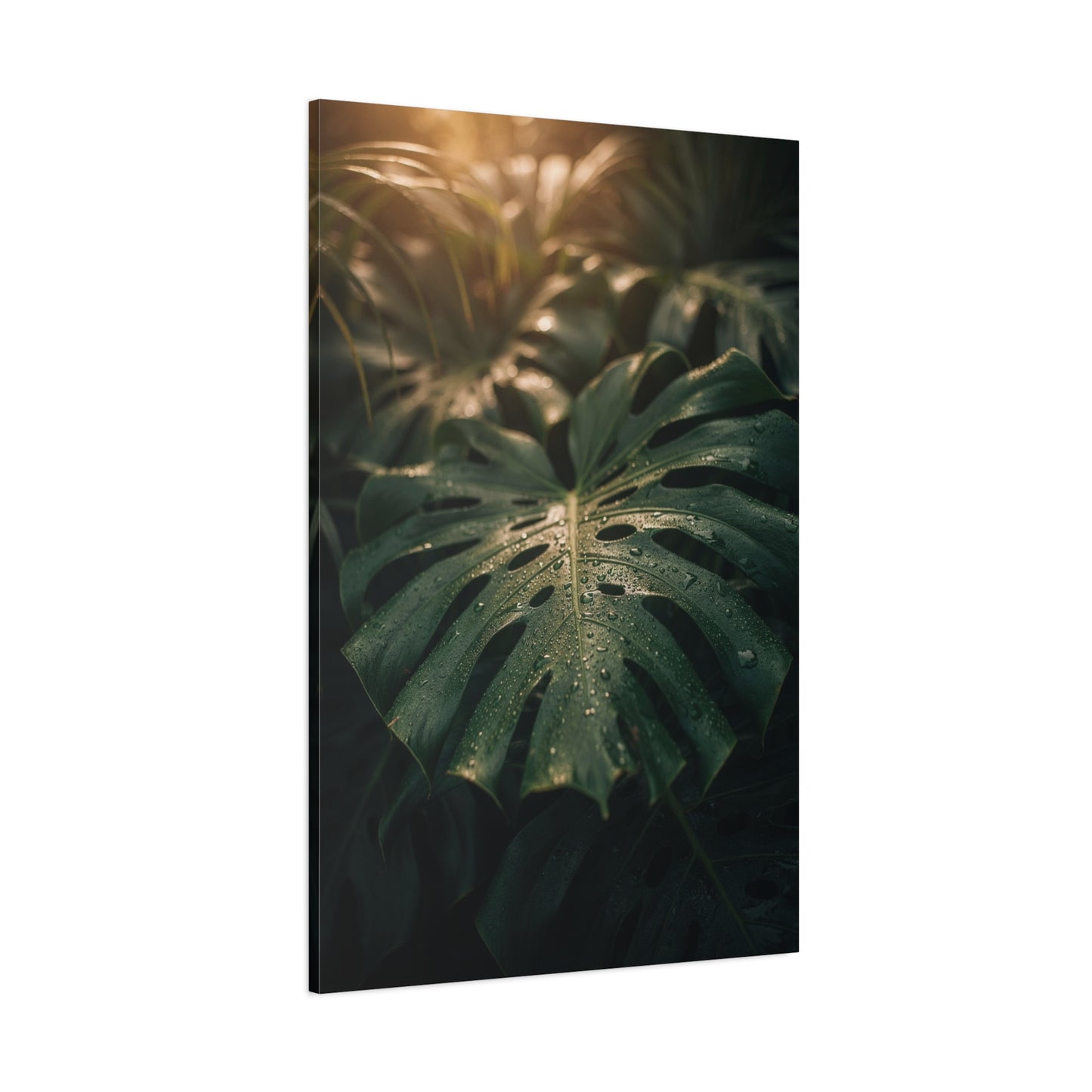 Monstera Leaf Canvas Wall Art - Tropical Botanical Art Print, Moody Green Foliage - Matte Cotton Canvas Print - Bedroom Wall Decor, Bathroom Home Decoration, Spa Style Accent - Cozy Reading Nook Art