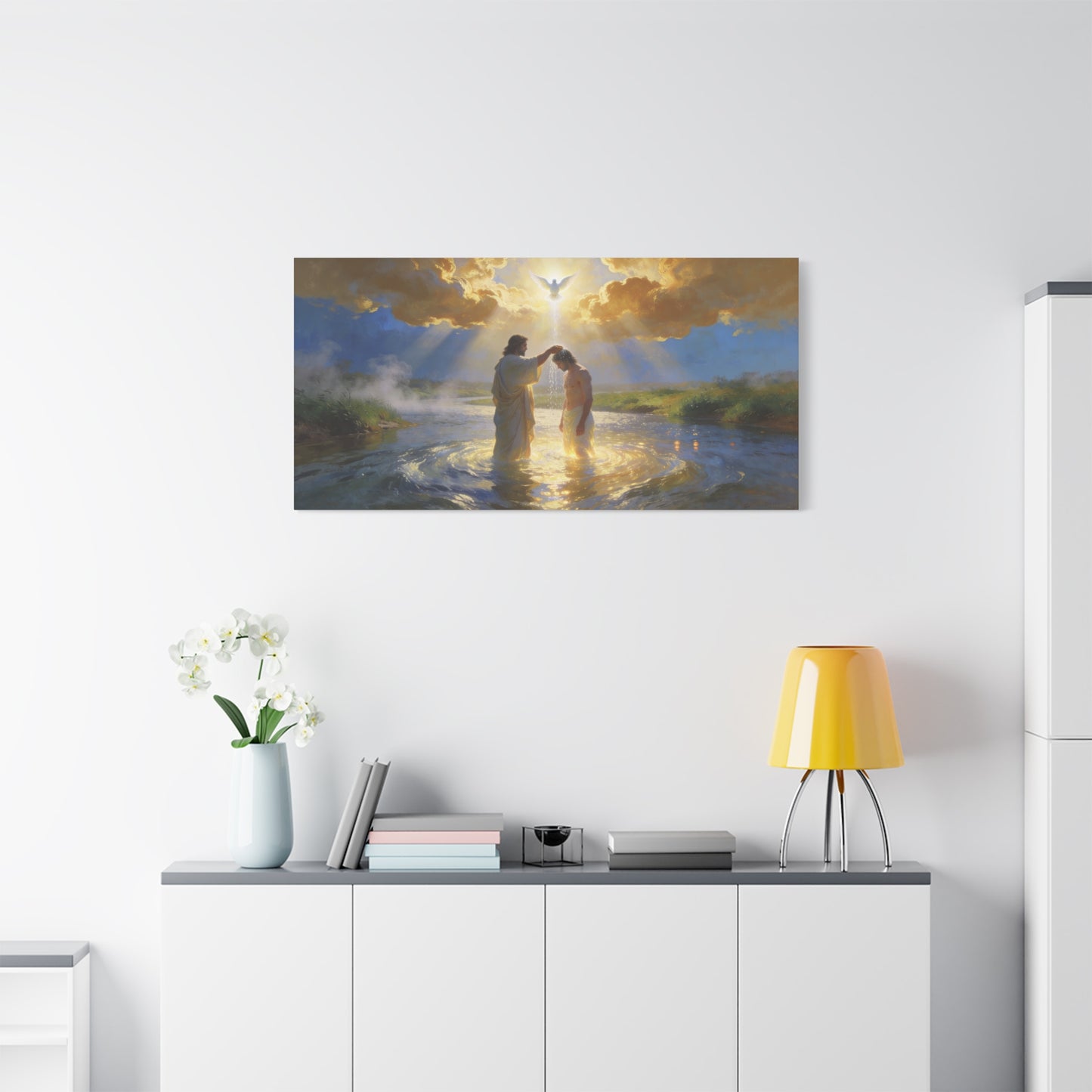 Baptism Of Jesus Christ Canvas Wall Art - Dove, Golden Light, River Scene - Religious Christian Wall Decor, Traditional Matte Canvas Print, Living Room Bedroom Home Decoration - Modern Farmhouse Style