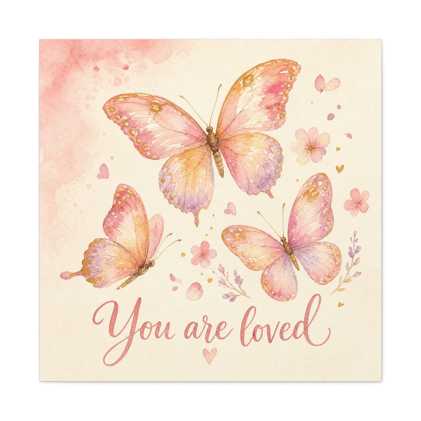"You Are Loved" Butterfly Canvas Wall Art - Pink Watercolor Butterflies, Inspirational Nursery Decor - Soft Pastel Floral Home Decoration - Bedroom Wall Hanging, Baby Girl Room Accent - Ready to Hang