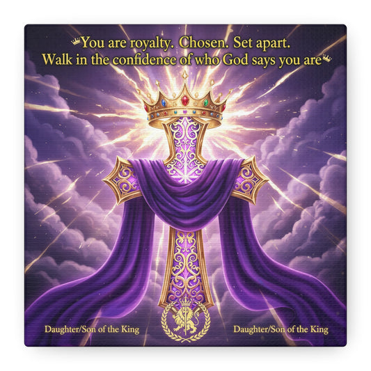"You Are Royalty. Chosen. Set Apart." Christian Canvas Wall Art - Crowned Cross With Purple Draped Cloth, Daughter Son Of The King Quote - Religious Wall Decor For Bedroom, Office - Ready to Hang