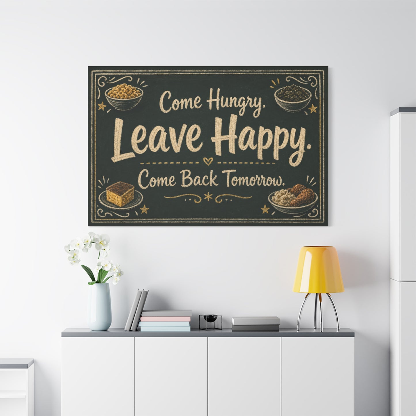 "Come Hungry. Leave Happy. Come Back Tomorrow." Canvas Wall Art - Chalkboard Food Quote Print, Rustic Farmhouse Style, Restaurant Accent - Restaurant Wall Decor - Bistro Sign Decor - Ready to Hang