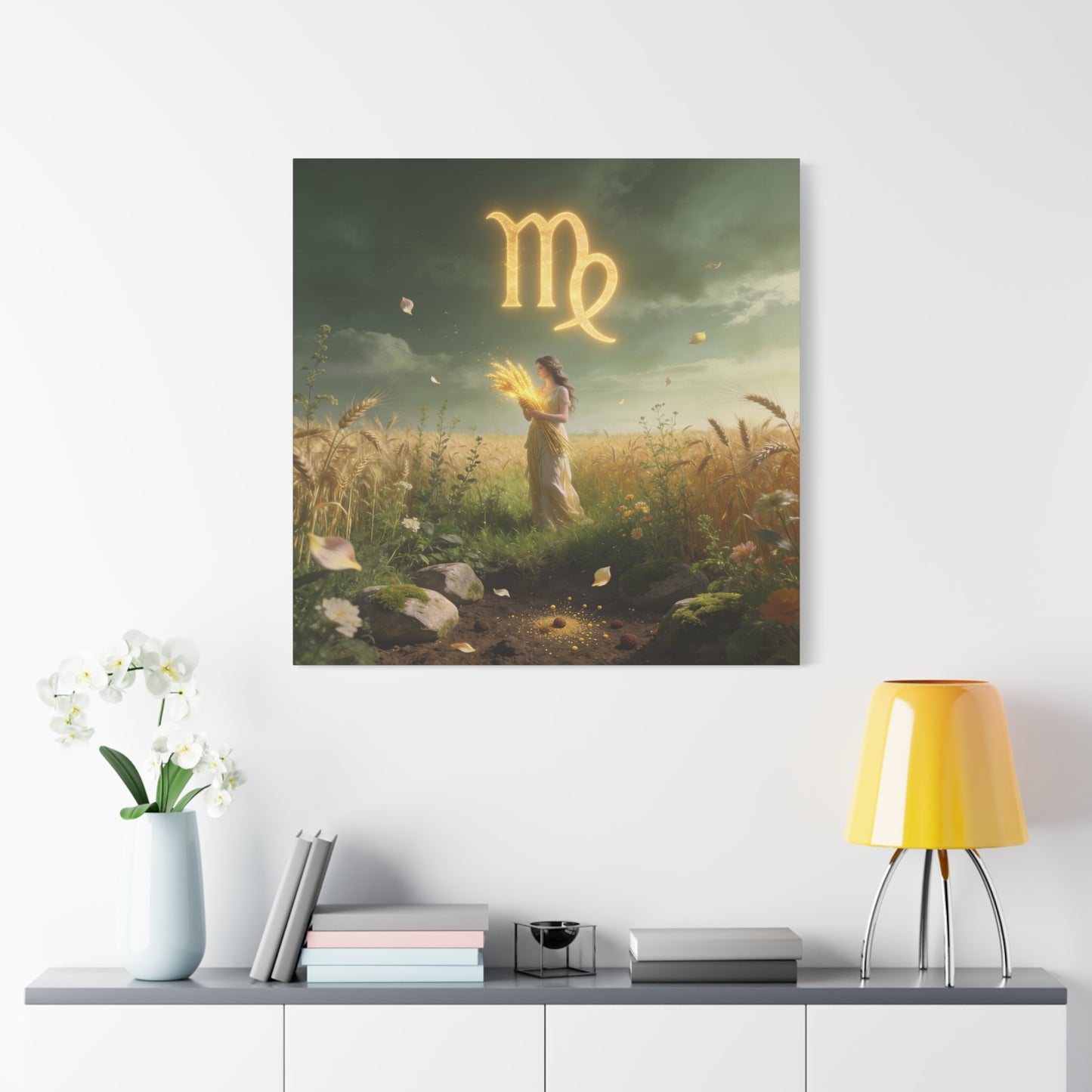 Virgo Zodiac Canvas Wall Art - Glowing Virgo Symbol, Woman In Wheat Field - Mystical Celestial Illustration, Matte Canvas Print - Bedroom Wall Decor, Meditation Space Accent - Bedroom Home Decoration