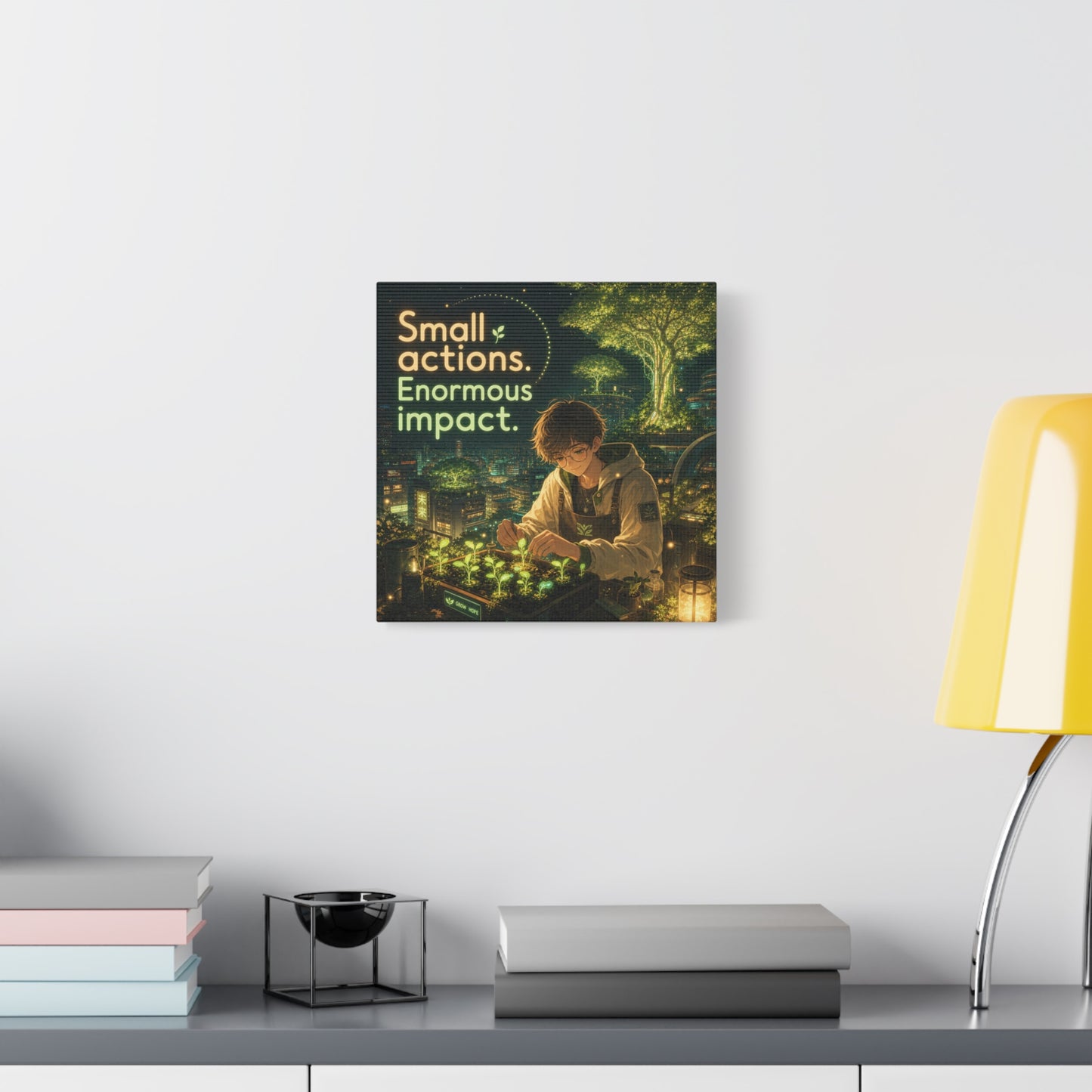 "Small Actions. Enormous Impact." Inspirational Canvas Wall Art - Anime Boy Gardening Cityscape - Glowing Green Night Illustration - Bedroom Home Decoration, Home Office Decor - Living Room Wall Decor