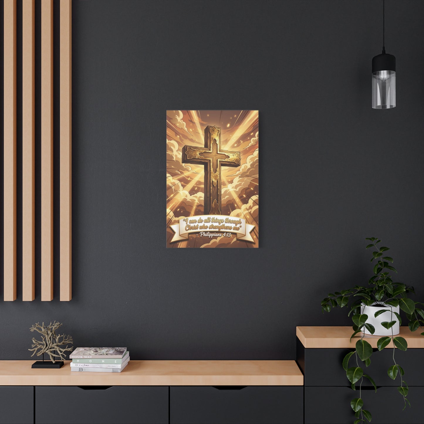 "I Can Do All Things Through Christ Who Strengthens Me" Cross Canvas Wall Art - Philippians 4:13 Scripture Decor, Golden Sky Christian Home Accent, Traditional Bedroom Living Room Decoration