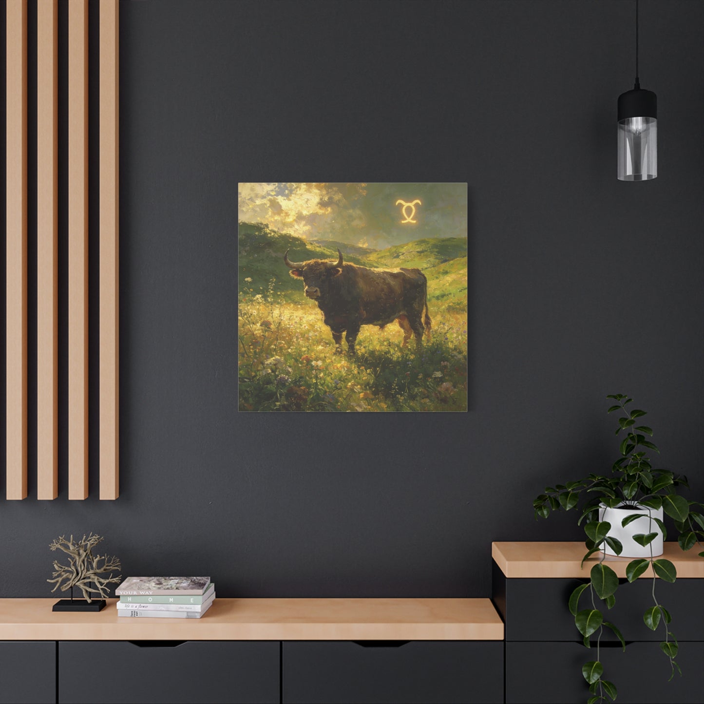 Taurus Bull Canvas Wall Art - Golden Meadow Landscape Painting, Zodiac Symbol, Rustic Contemporary Cotton Canvas Print, Living Room Wall Decor, Bedroom Home Decoration, Office Art Accent