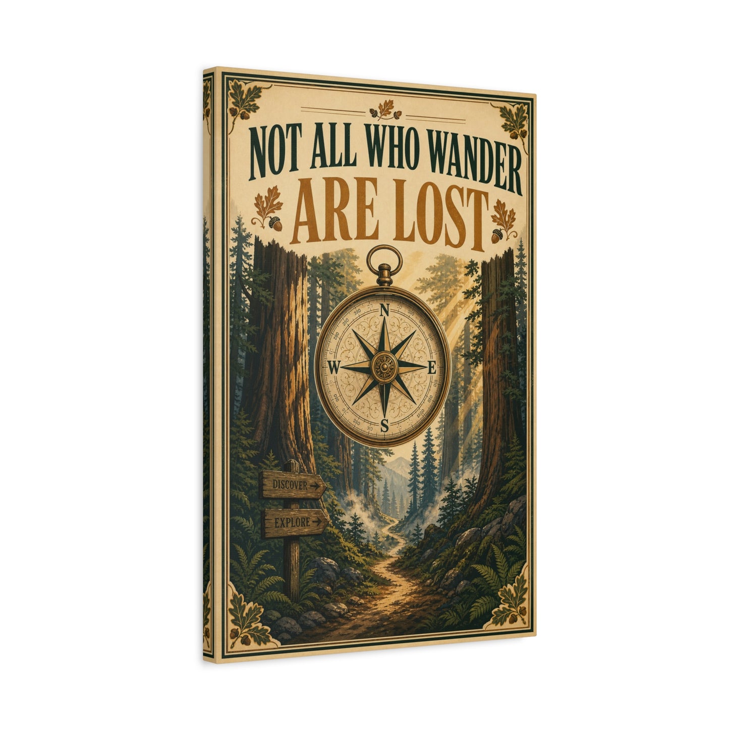 "Not All Who Wander Are Lost" Canvas Wall Art - Forest Compass Quote Print, Vintage Rustic Adventure Decor, Wanderlust Typography Poster Style, Living Room Bedroom Office - Living Room Wall Decor