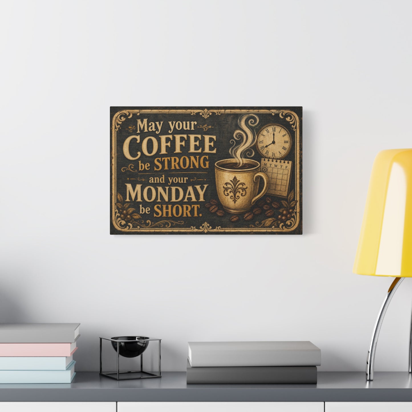 "May Your Coffee Be Strong And Your Monday Be Short" Canvas Wall Art - Vintage Coffee Cup Quote Print, Rustic Decor, Farmhouse Wall Hanging - Ready to Hang - Bistro Decor - Espresso Bar Sign