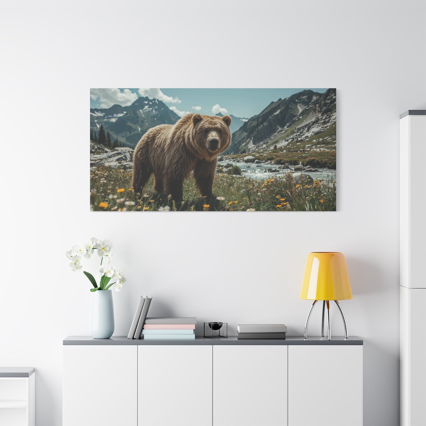 Grizzly Bear Canvas Wall Art - Alpine Mountain Meadow Wildlife Art Print - Rustic Nature Decor, Cotton Canvas - Living Room Wall Decor, Lodge Bedroom Home Decoration - Bedroom Home Decoration