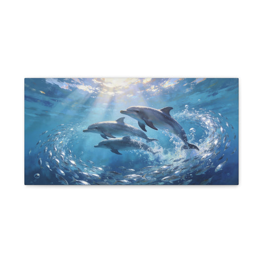 Dolphin Ocean Canvas Wall Art - Blue Underwater Marine Life Scene, Sunbeam Seascape Print - Coastal Style, Serene Living Room Wall Decor, Bedroom Home Decoration Accent - Bedroom Home Decoration