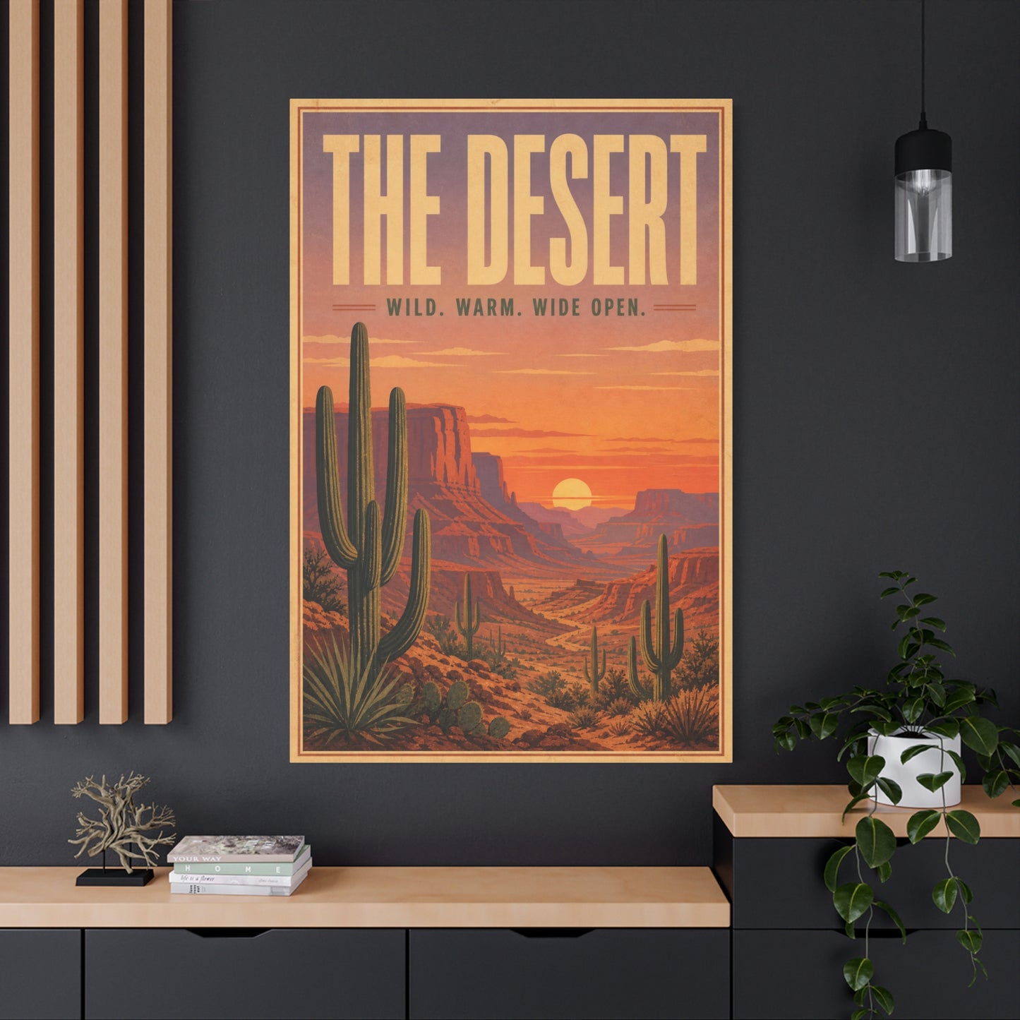"The Desert" Wild. Warm. Wide Open. Desert Canvas Wall Art - Vintage Saguaro Sunset Canyon Landscape Print - Southwestern Wall Decor - Living Room Home Decoration, Office Accent - Ready to Hang