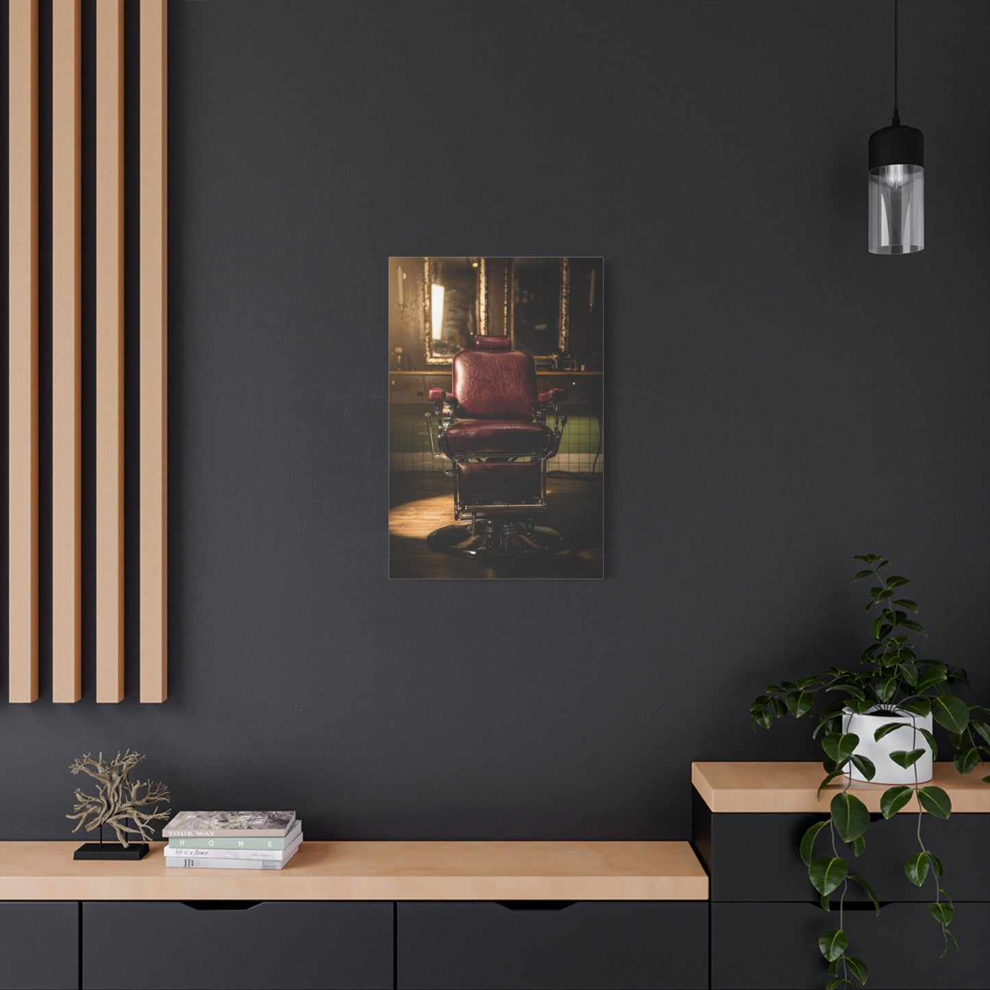 Vintage Barber Chair Canvas Print - Moody Barbershop Interior Art Print, Burgundy Leather Seat, Warm Cinematic Lighting - Rustic Contemporary Decor - Salon Wall Accent, Home Office Display