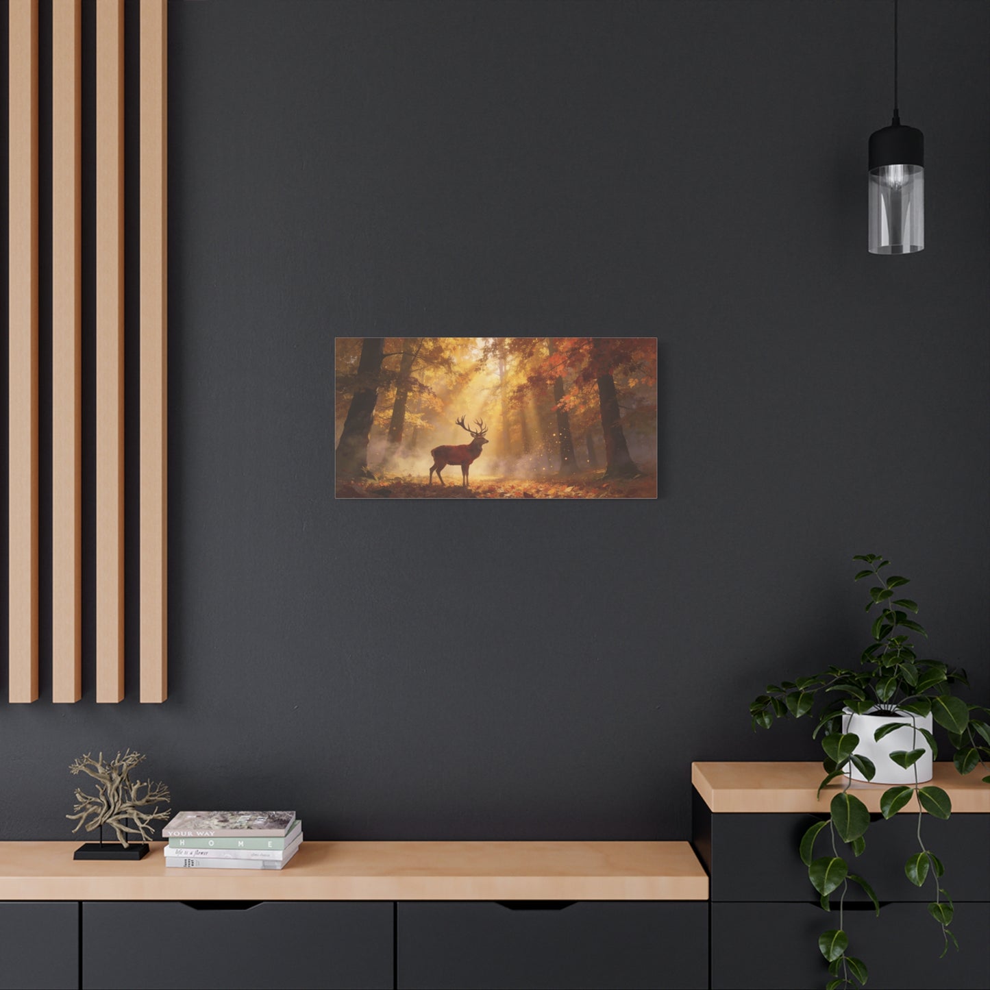 Stag Forest Canvas Wall Art - Golden Sunbeams, Misty Autumn Woodland - Matte Canvas Print - Rustic Nature Style - Living Room Wall Decor, Bedroom Home Decoration, Office Art - Bedroom Home Decoration