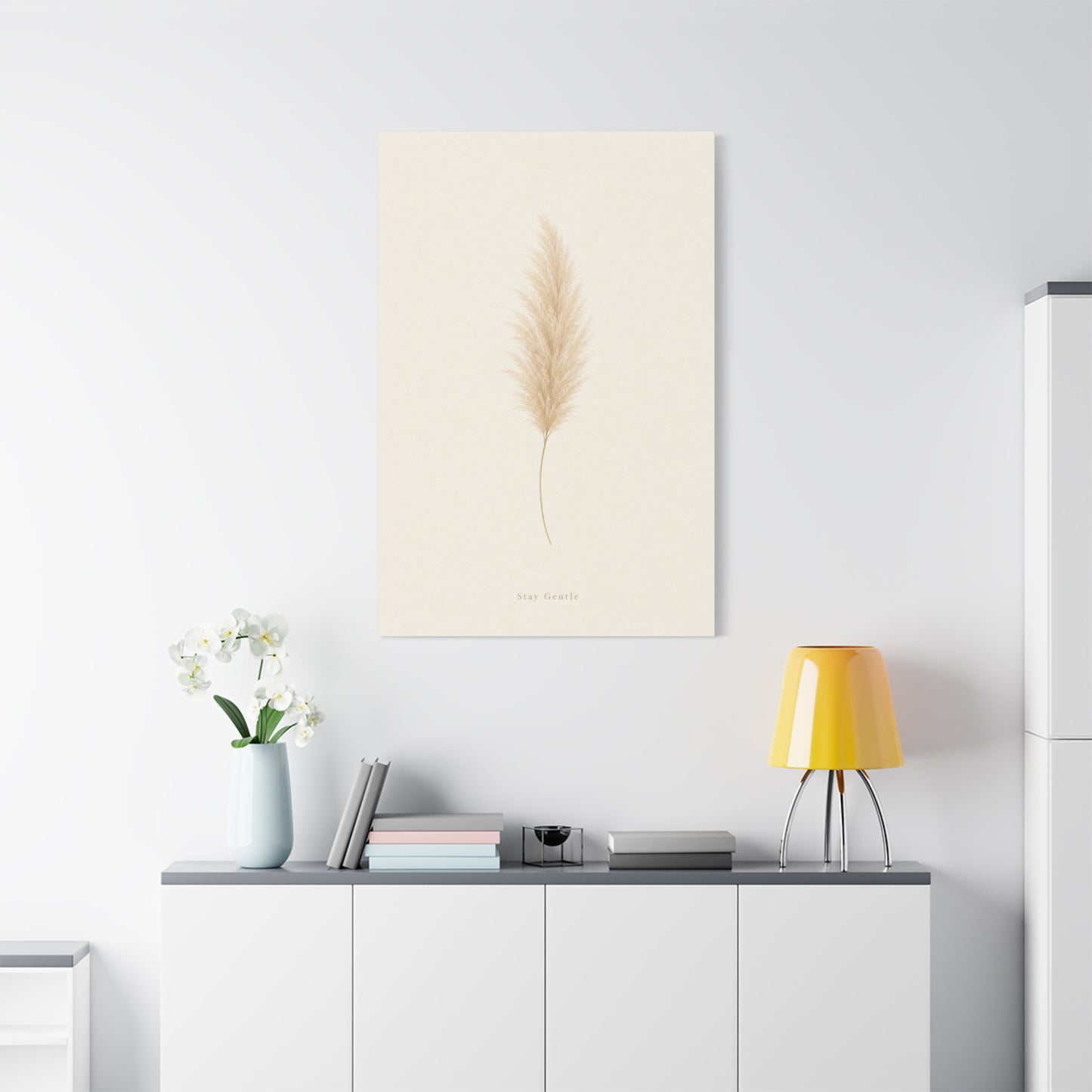 "Stay Gentle" Pampas Grass Canvas Wall Art - Minimalist Botanical Beige Neutral Print - Soft Contemporary Wall Decor - Bedroom Home Decoration, Living Room Accent, Meditation Space - Ready to Hang