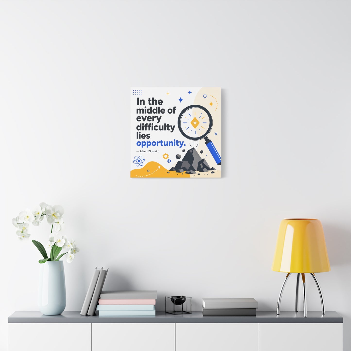 "In The Middle Of Every Difficulty Lies Opportunity." Einstein Canvas Wall Art - Motivational Quote Print, Blue Yellow Modern Typography, Office Decor, Classroom Inspiration, Study Room Accent