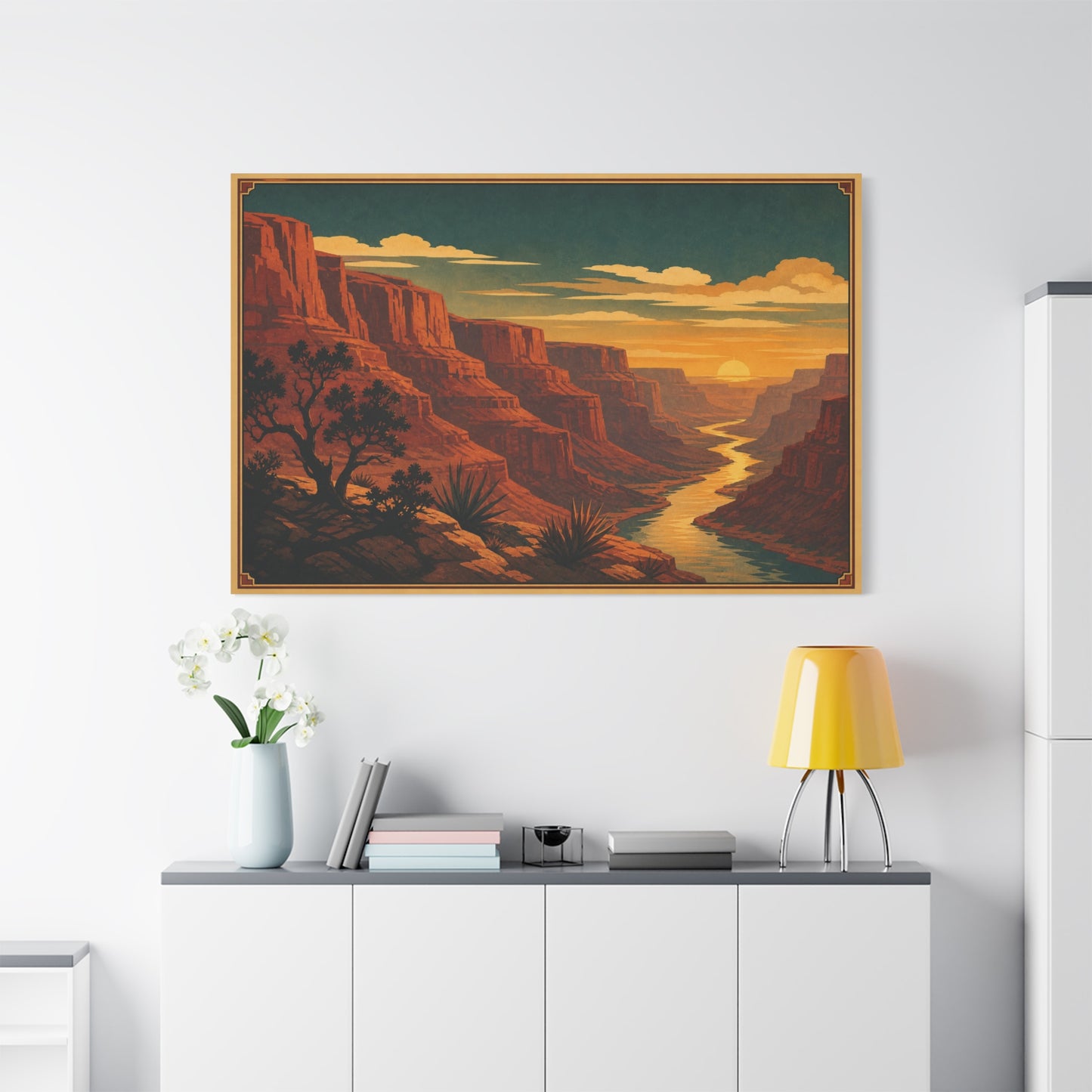 Desert Canyon Sunset Canvas Wall Art - Southwestern River Landscape Print, Vintage Travel Style - Golden Sky, Rustic Home Decor, Living Room Decoration - Ready to Hang - Living Room Wall Decor