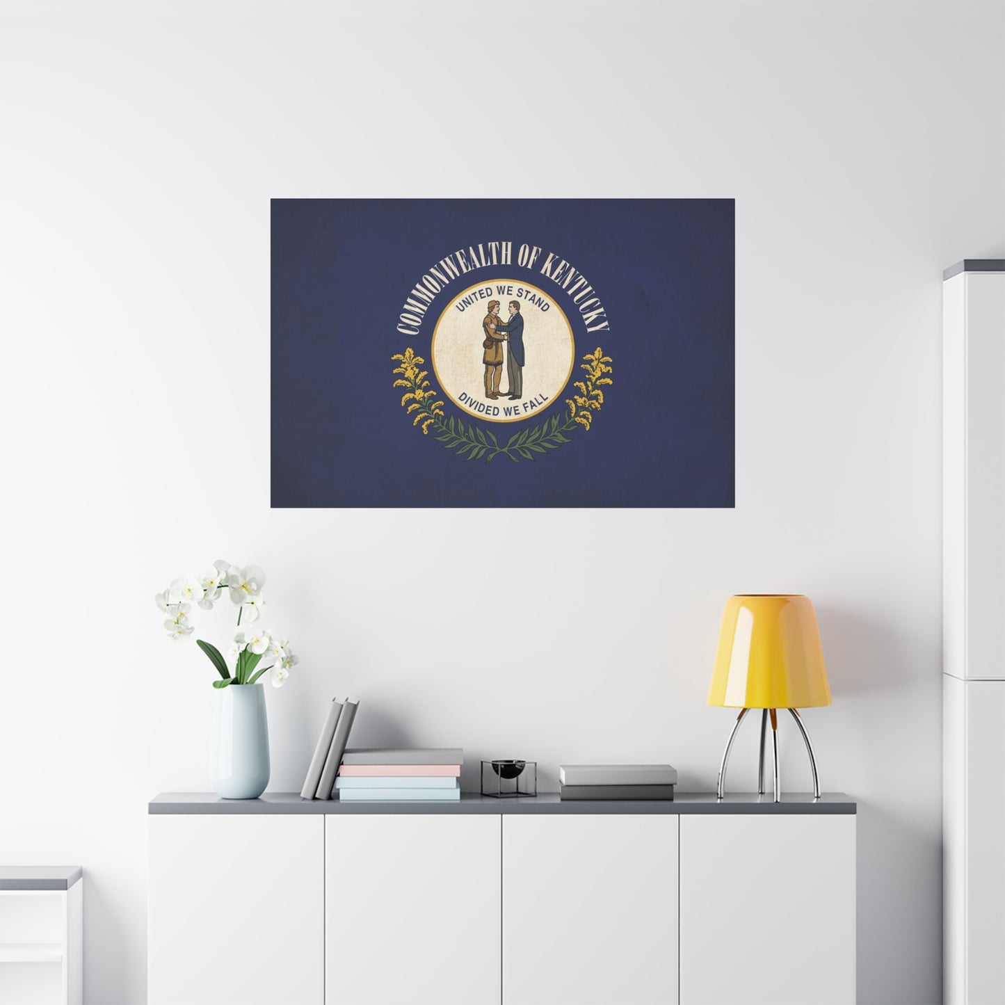 "Commonwealth Of Kentucky, United We Stand Divided We Fall" Canvas Wall Art - Kentucky State Flag Print, Blue Heraldic Seal Design - Vintage Style - Living Room Wall Decor, Office Art - Ready to Hang
