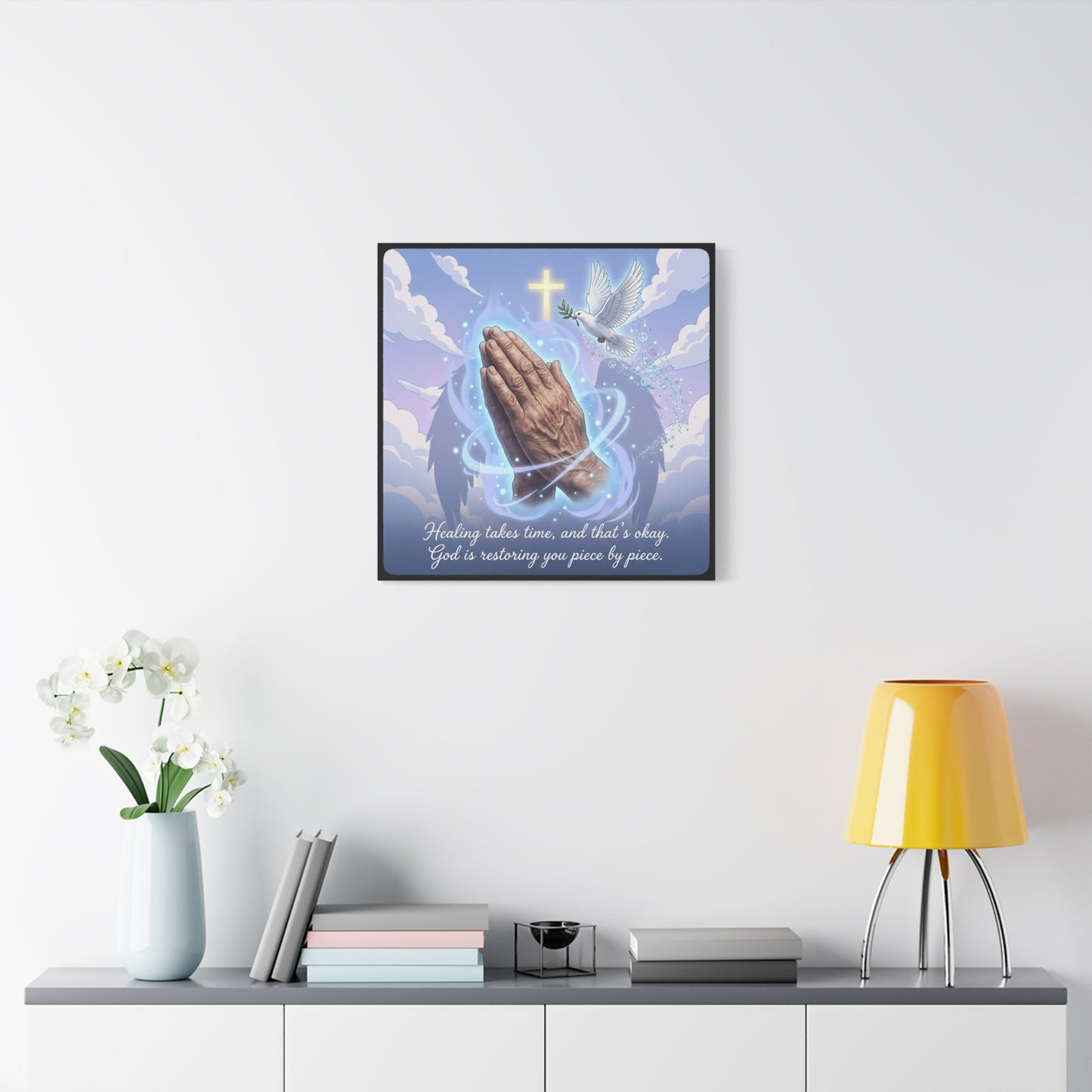 "Healing Takes Time, And That’s Okay. God Is Restoring You Piece By Piece." Christian Canvas Wall Art - Praying Hands, Dove, Cross - Faith Inspired Blue Sky Decor - Bedroom Living Room Office