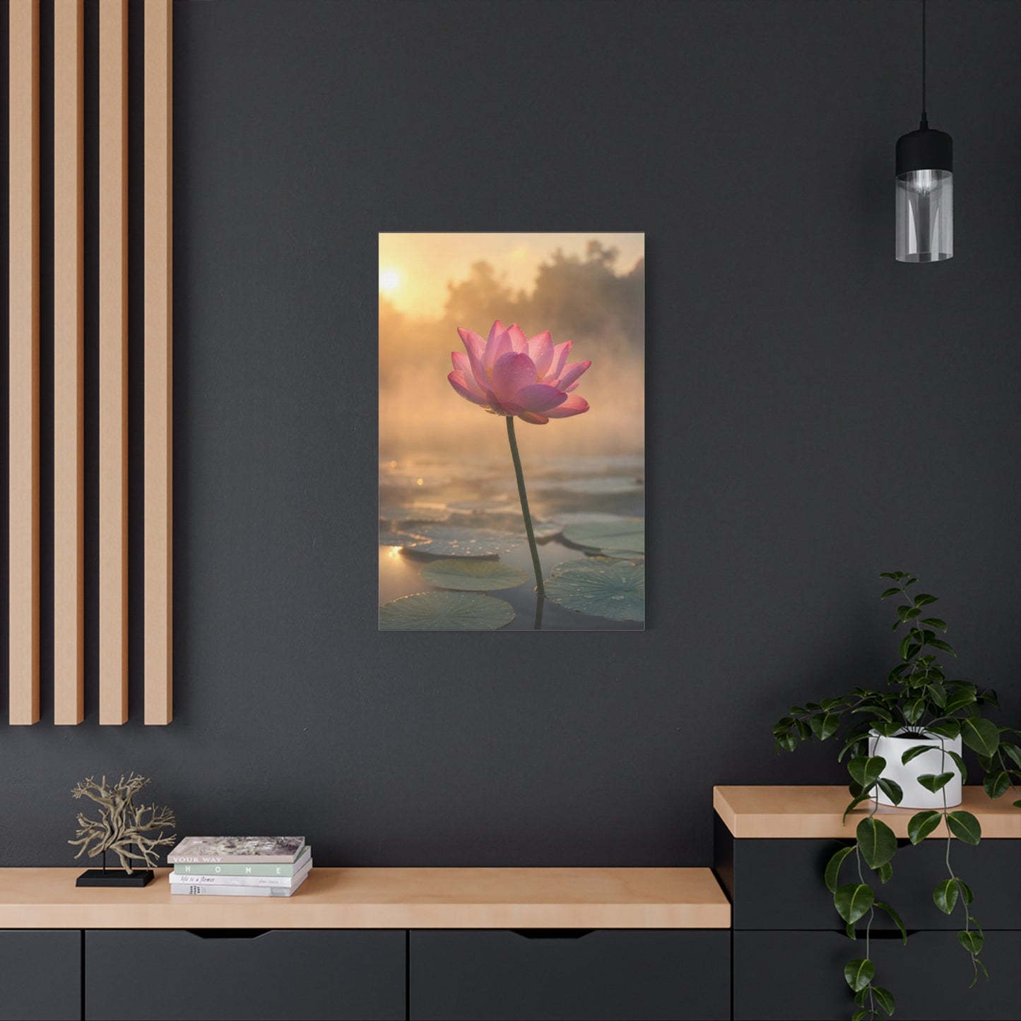 Pink Lotus Canvas Wall Art - Serene Water Lily Sunrise Floral Print - Soft Golden Light, Matte Canvas Print - Bedroom Wall Decor, Bathroom Home Decoration, Zen Meditation Space - Cozy Reading Nook Art