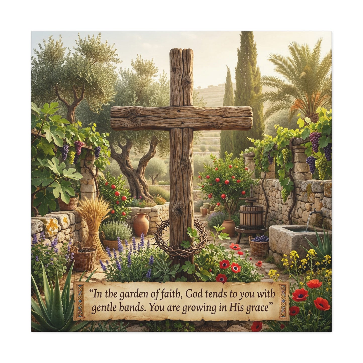 "In The Garden Of Faith, God Tends To You With Gentle Hands. You Are Growing In His Grace" Canvas Wall Art - Rustic Wooden Cross, Christian Garden Scene - Living Room Wall Decor - Ready to Hang