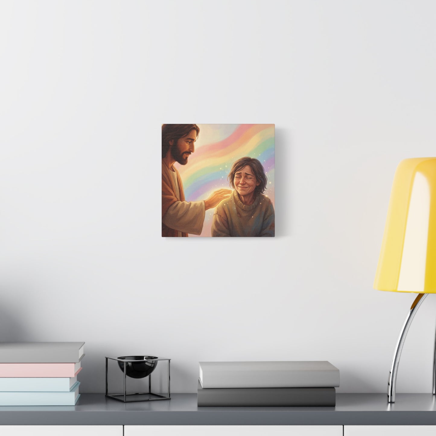 Jesus Christ Comforting Woman Canvas Wall Art - Rainbow Christian Wall Decor, Faith Home Decoration - Matte Canvas Print, Inspirational Religious Artwork - Living Room Bedroom Office - Ready to Hang
