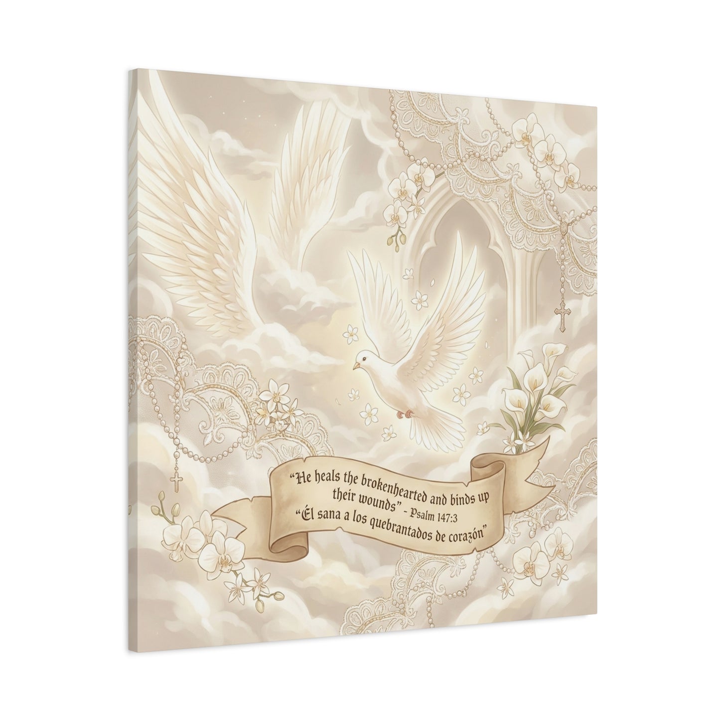 "He Heals The Brokenhearted And Binds Up Their Wounds" Canvas Wall Art - Dove, Cross, Psalm 147:3 Scripture Print - Beige Floral Christian Decor - Bedroom Living Room Home Decoration - Office Wall Art