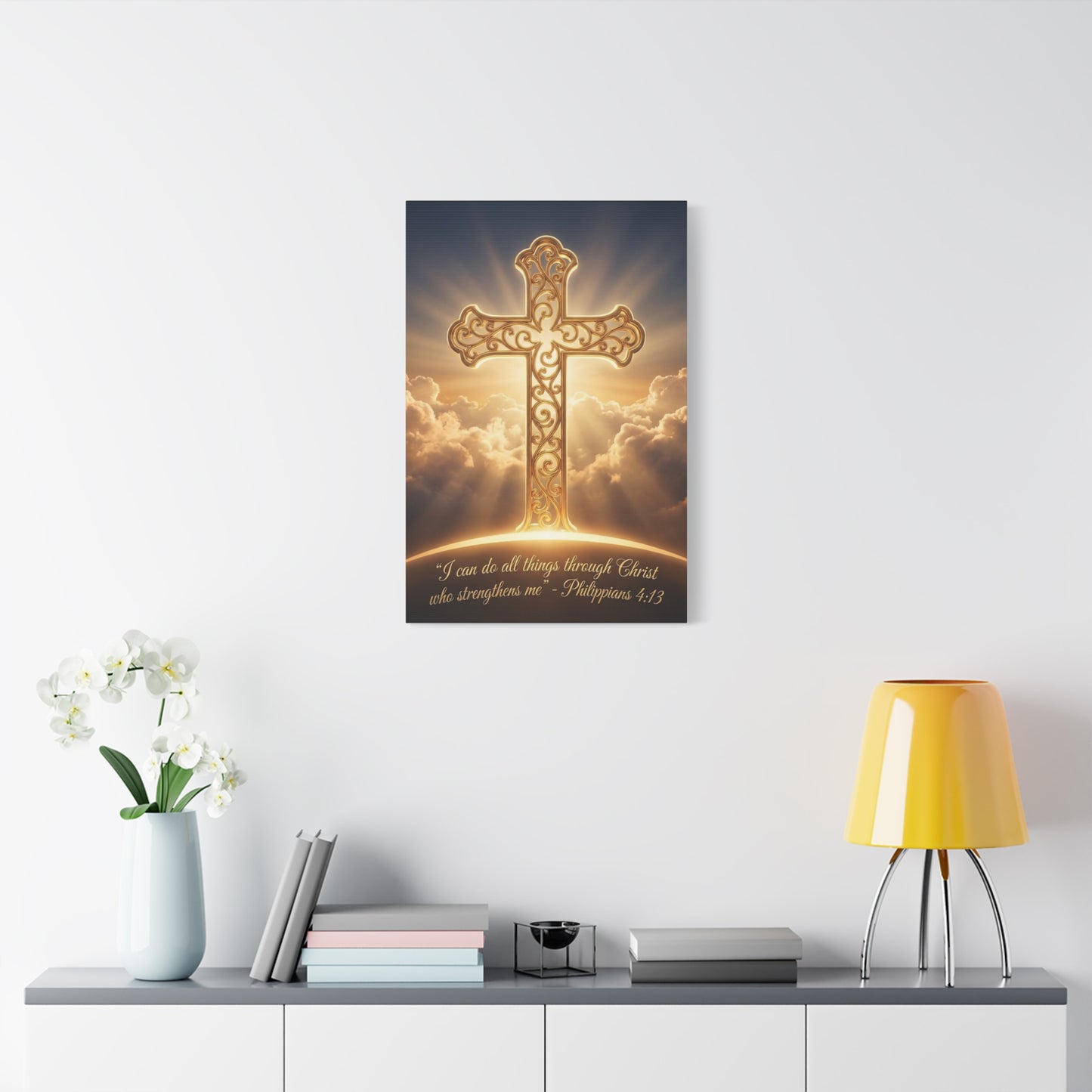 "I Can Do All Things Through Christ Who Strengthens Me" Cross Canvas Wall Art - Philippians 4:13 Scripture Decor, Golden Clouds Christian Wall Hanging, Bedroom Living Room - Bedroom Home Decoration