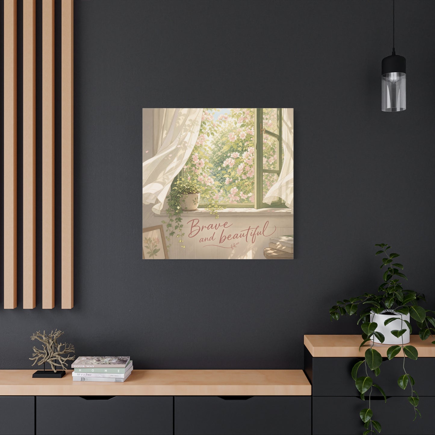 "Brave And Beautiful" Inspirational Canvas Wall Art - Open Window Pink Blossoms, Sheer Curtains, Botanical Quote Print - Soft Vintage Style - Bedroom Wall Decor, Living Room Accent - Ready to Hang