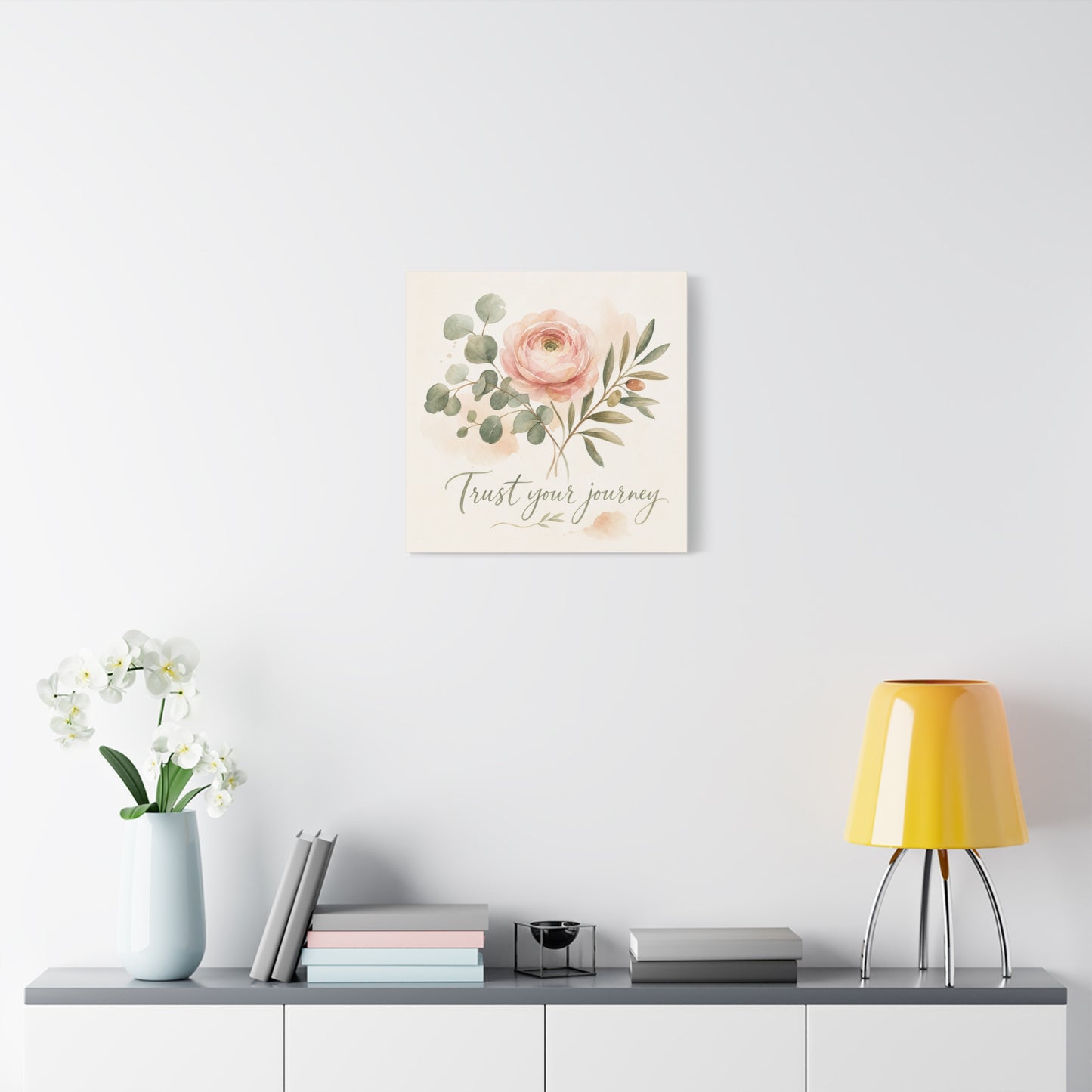 "Trust Your Journey" Floral Canvas Wall Art - Blush Rose, Eucalyptus Botanical Watercolor - Inspirational Home Decor - Bedroom Wall Hanging, Modern Farmhouse Style, Office Accent - Ready to Hang
