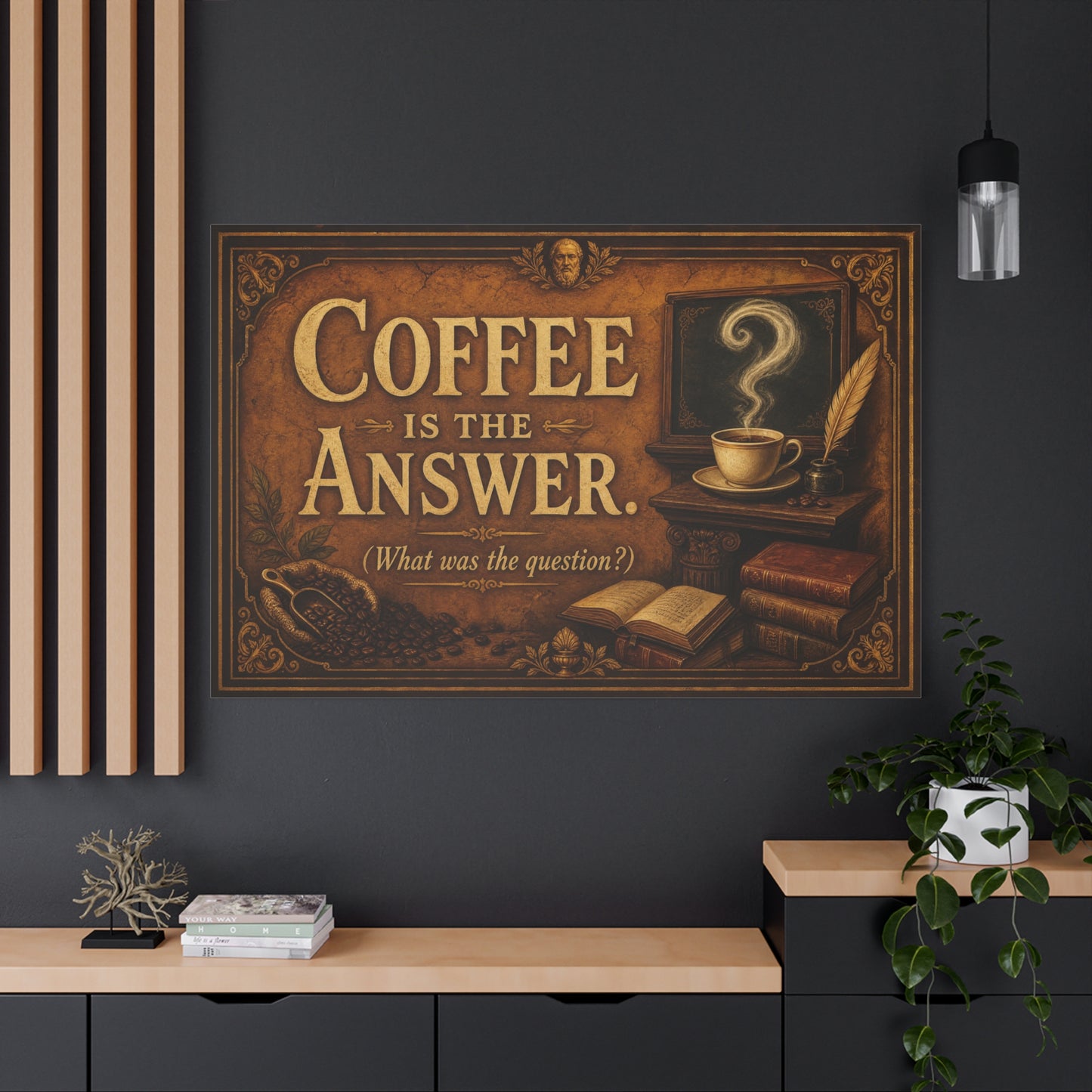 Coffee Is The Answer. What Was The Question Canvas Wall Art - Vintage Coffee Cup, Books, Bean Sack Decor - Rustic Typography Print - Cafe Interior, Study Room Decoration - Cafe Wall Art - Bistro Decor