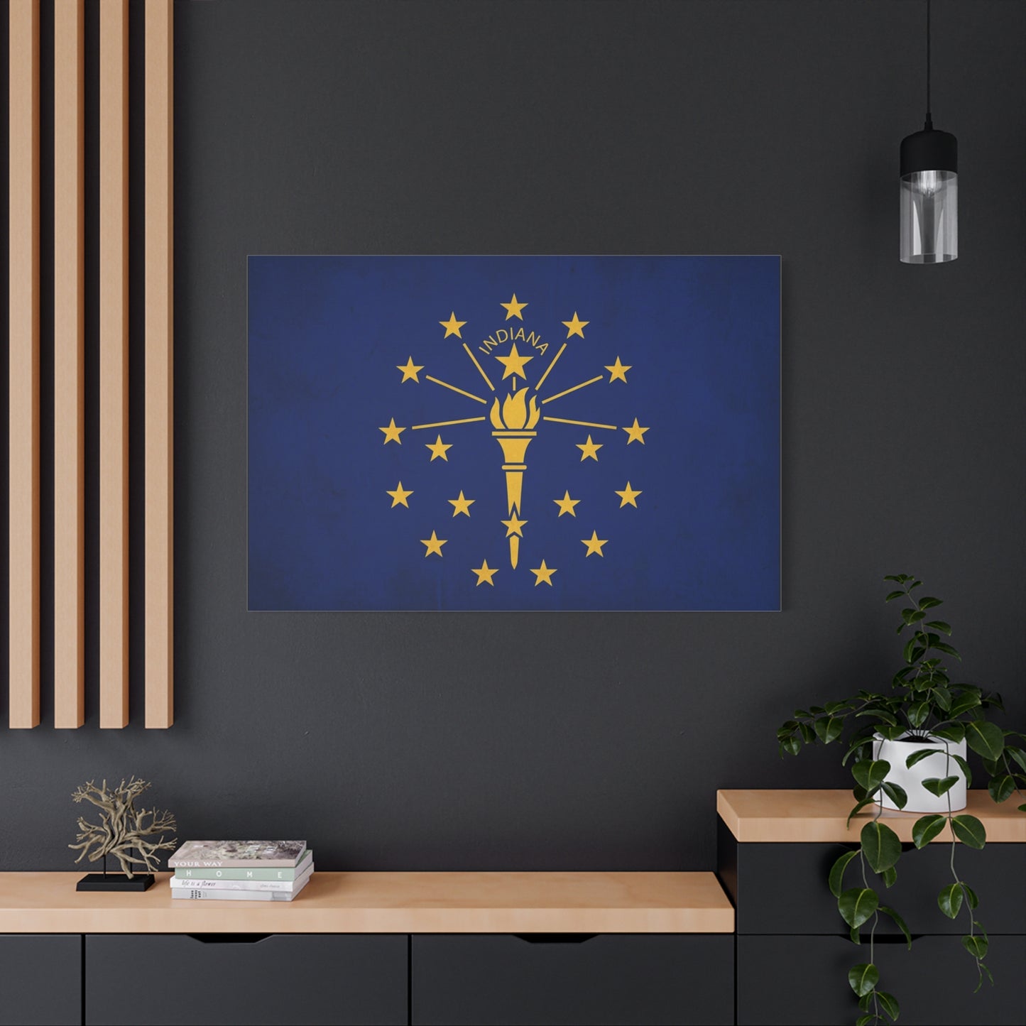 Indiana State Flag Canvas Wall Art - Blue Gold Torch Stars Print, Patriotic Decor - Matte Cotton Artwork - Living Room Wall Decor, Office Art, Dorm Decoration Accent - Bedroom Home Decoration