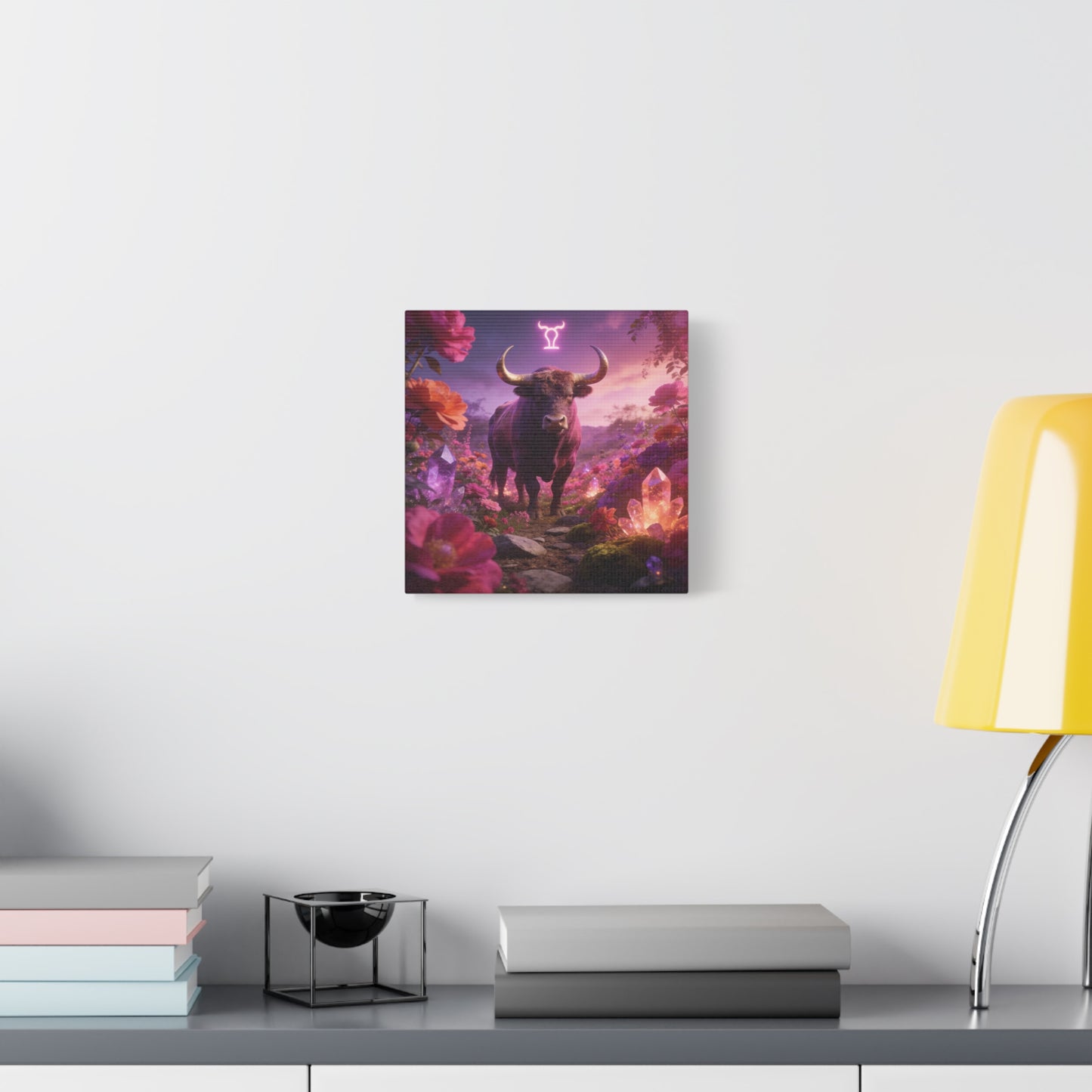Taurus Zodiac Bull Canvas Wall Art - Neon Taurus Symbol, Floral Crystal Fantasy Print - Dreamy Purple Pink Celestial Decor - Bedroom Home Decoration, Bohemian Living Room Accent - Office Wall Art