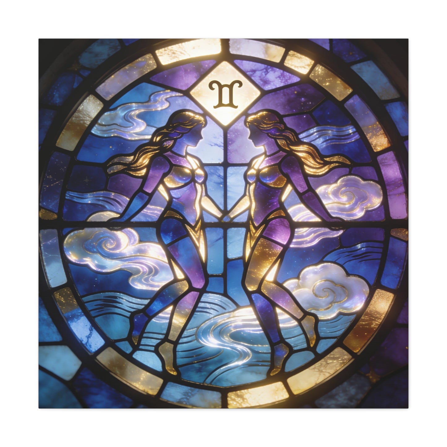 Gemini Zodiac Canvas Wall Art - Stained Glass Twin Women Celestial Print, Blue Purple Gold Astrology Decor - Modern Mystical Artwork - Bedroom Home Decoration Office Wall Art - Bedroom Home Decoration