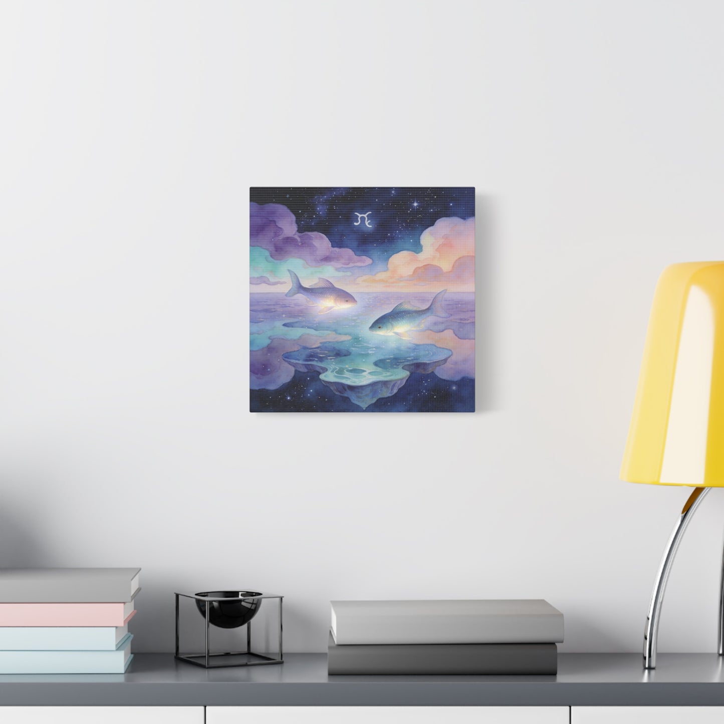 Pisces Zodiac Canvas Wall Art - Celestial Fish Over Dreamlike Sea, Watercolor Illustration - Mystical Night Sky, Matte Canvas Print - Bedroom Wall Decor, Meditation Space Accent - Ready to Hang