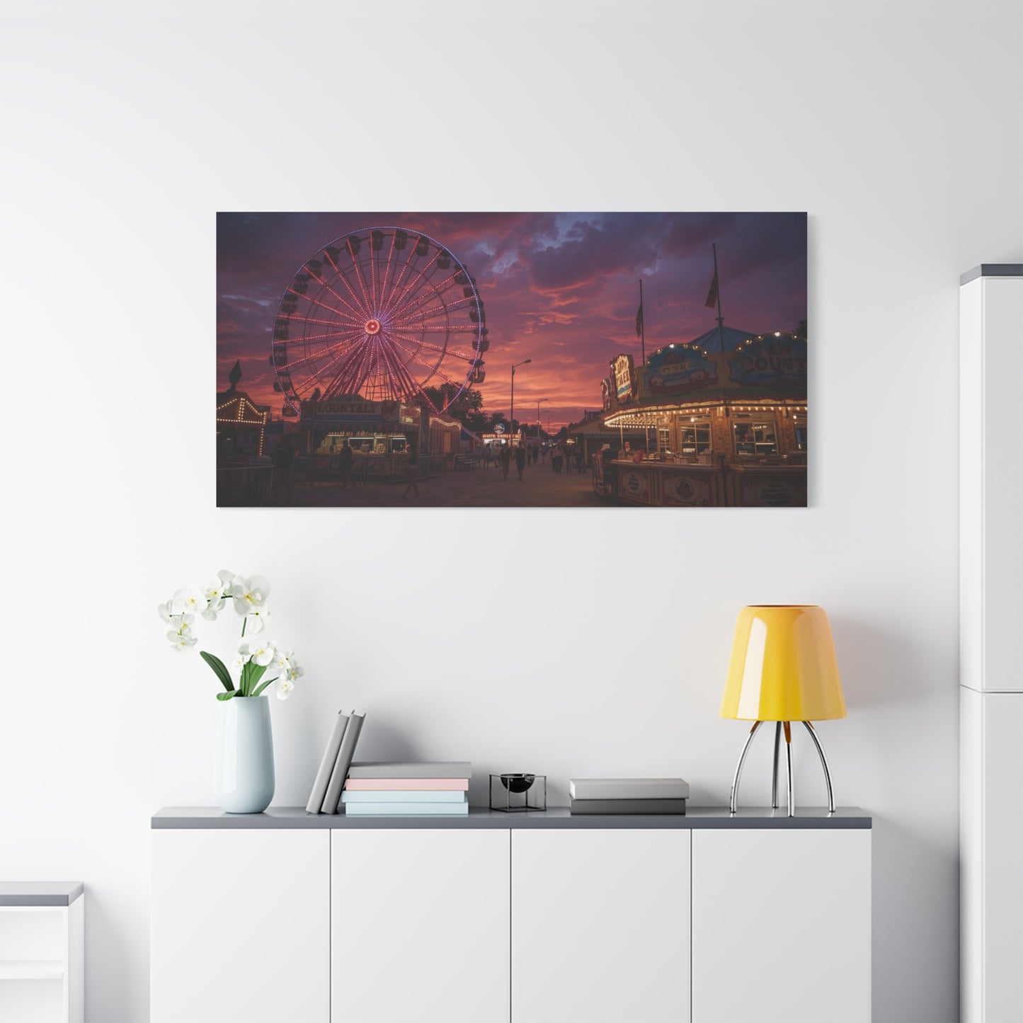 Ferris Wheel Sunset Canvas Wall Art - Carnival Boardwalk Art Print, Purple Pink Sky, Contemporary Nightscape - Living Room Wall Decor, Bedroom Home Decoration, Office Art - Ready to Hang