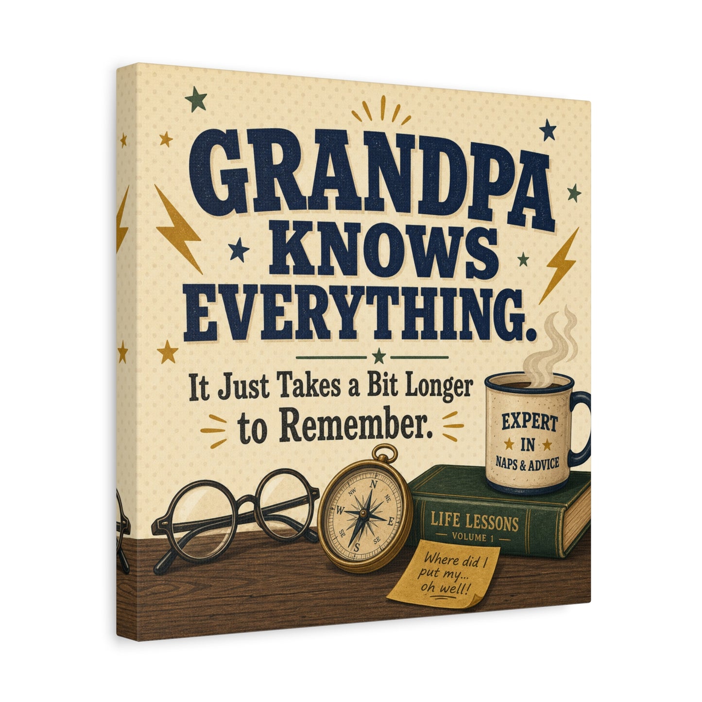 "Grandpa Knows Everything. It Just Takes A Bit Longer To Remember." Canvas Wall Art - Vintage Grandpa Quote Print, Rustic Typography Decor, Living Room Home Decoration - Office Wall Art