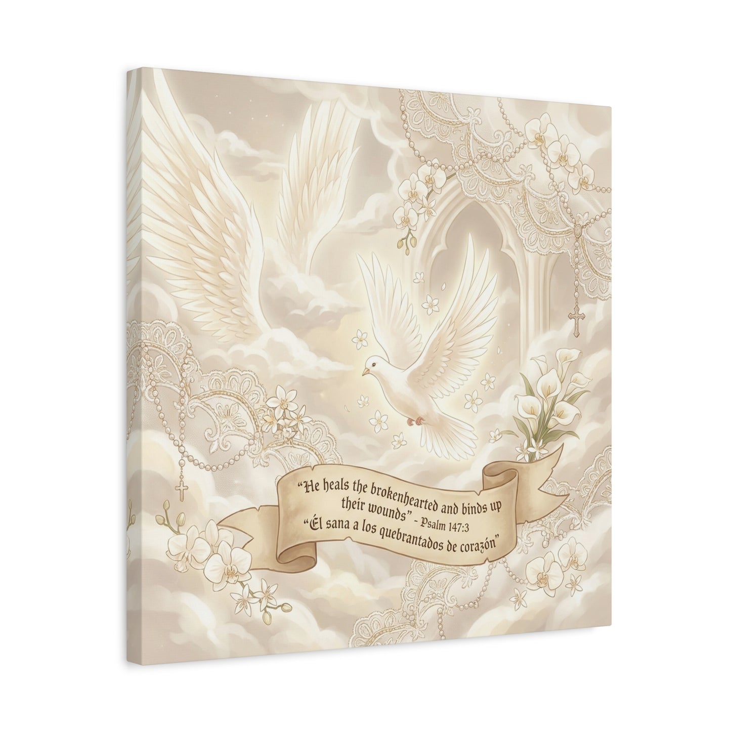 "He Heals The Brokenhearted And Binds Up Their Wounds" Canvas Wall Art - Dove, Cross, Psalm 147:3 Scripture Print - Beige Floral Christian Decor - Bedroom Living Room Home Decoration - Office Wall Art