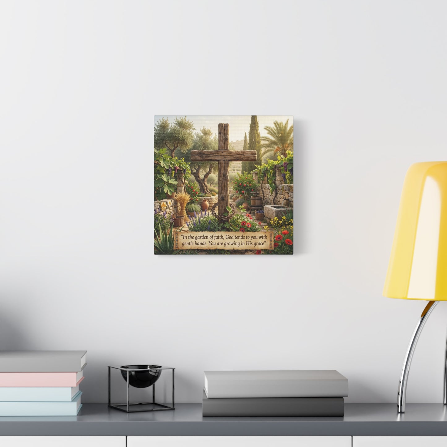 "In The Garden Of Faith, God Tends To You With Gentle Hands. You Are Growing In His Grace" Canvas Wall Art - Rustic Wooden Cross, Christian Garden Scene - Living Room Wall Decor - Ready to Hang