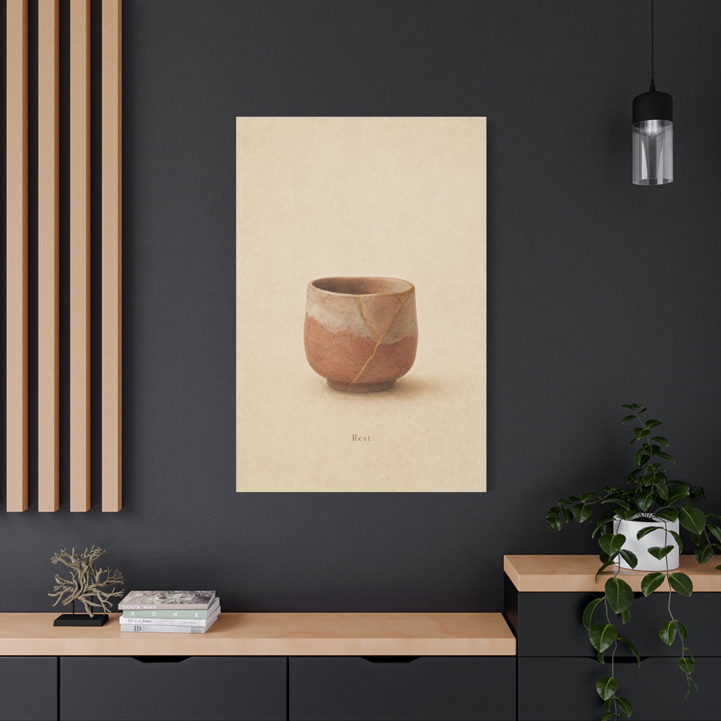 "Rest" Kintsugi Pot Canvas Wall Art - Minimalist Still Life Ceramic Vessel Print - Neutral Beige Brown Japanese Inspired Decor - Bedroom Meditation Space Living Room Home Accent - Office Wall Art