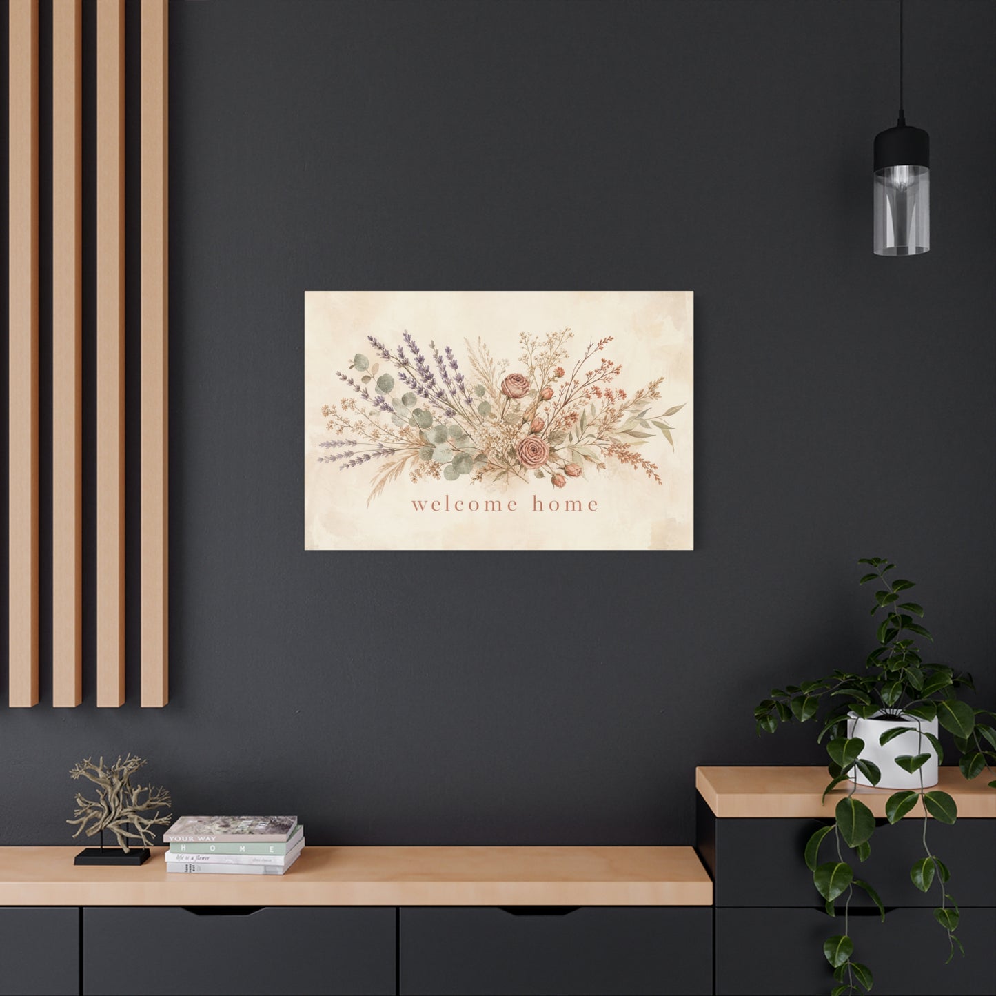 "Welcome Home" Floral Canvas Wall Art - Rustic Botanical Bouquet, Lavender Rose Eucalyptus Print - Farmhouse Wall Decor, Entryway Home Decoration - Ready to Hang - Modern Farmhouse Style