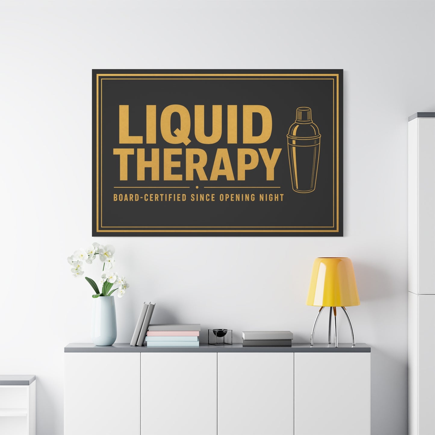 "Liquid Therapy" Cocktail Canvas Wall Art - Board-Certified Since Opening Night Bar Quote Print, Black And Gold Typography, Modern Lounge Decor - Pub Wall Art - Cocktail Lounge Decor - Ready to Hang