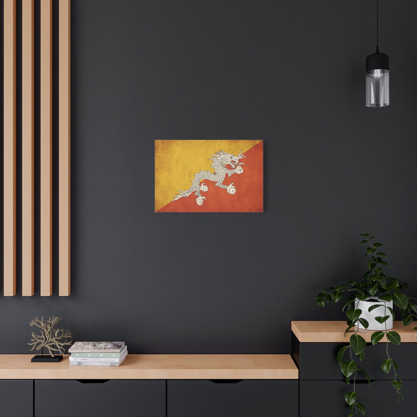 Bhutan Flag Dragon Canvas Wall Art - White Druk On Yellow Orange Field - Vintage Textured Print, Cultural Wall Decor, Living Room Home Decoration - Modern Farmhouse Style - Bedroom Home Decoration