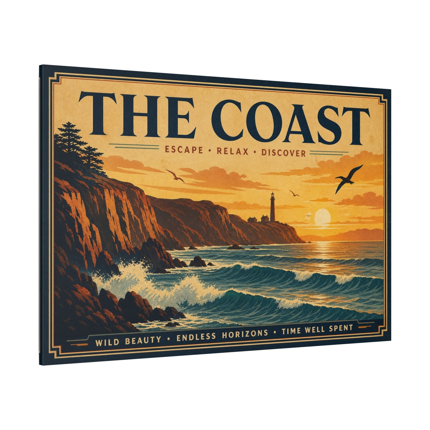 "The Coast" Coastal Canvas Wall Art - Vintage Lighthouse Sunset Ocean Waves Print - Retro Seascape Home Decor, Nautical Living Room Wall Decor - Modern Farmhouse Style - Bedroom Home Decoration