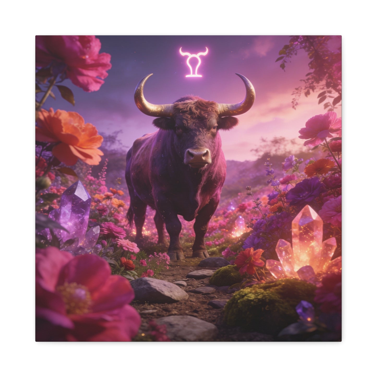 Taurus Zodiac Bull Canvas Wall Art - Neon Taurus Symbol, Floral Crystal Fantasy Print - Dreamy Purple Pink Celestial Decor - Bedroom Home Decoration, Bohemian Living Room Accent - Office Wall Art