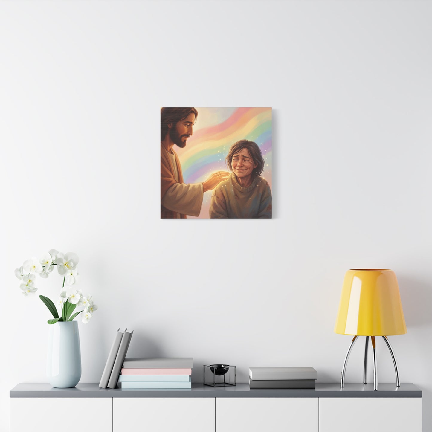 Jesus Christ Comforting Woman Canvas Wall Art - Rainbow Christian Wall Decor, Faith Home Decoration - Matte Canvas Print, Inspirational Religious Artwork - Living Room Bedroom Office - Ready to Hang