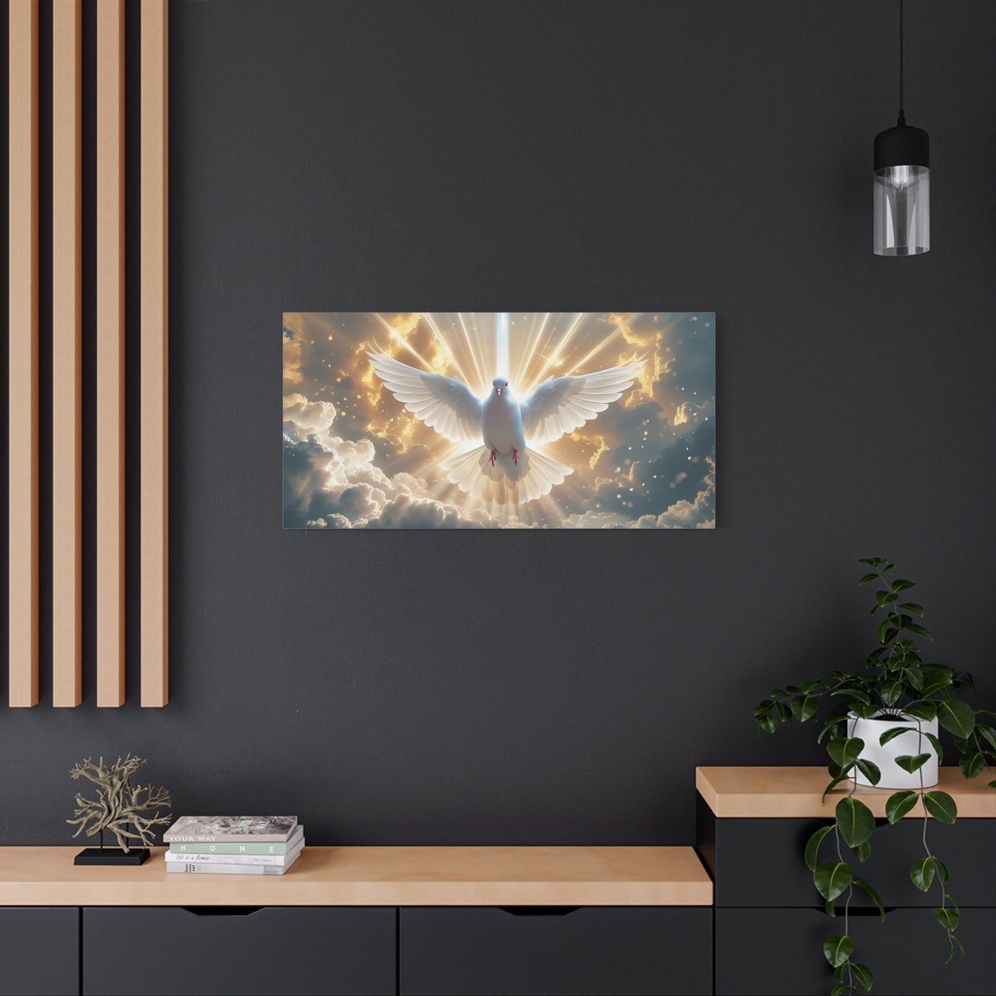 White Dove Canvas Wall Art - Holy Spirit Bird In Glowing Clouds, Radiant Sky Canvas Print - Golden Light Religious Decor - Living Room Home Decoration, Meditation Space Accent - Living Room Wall Decor