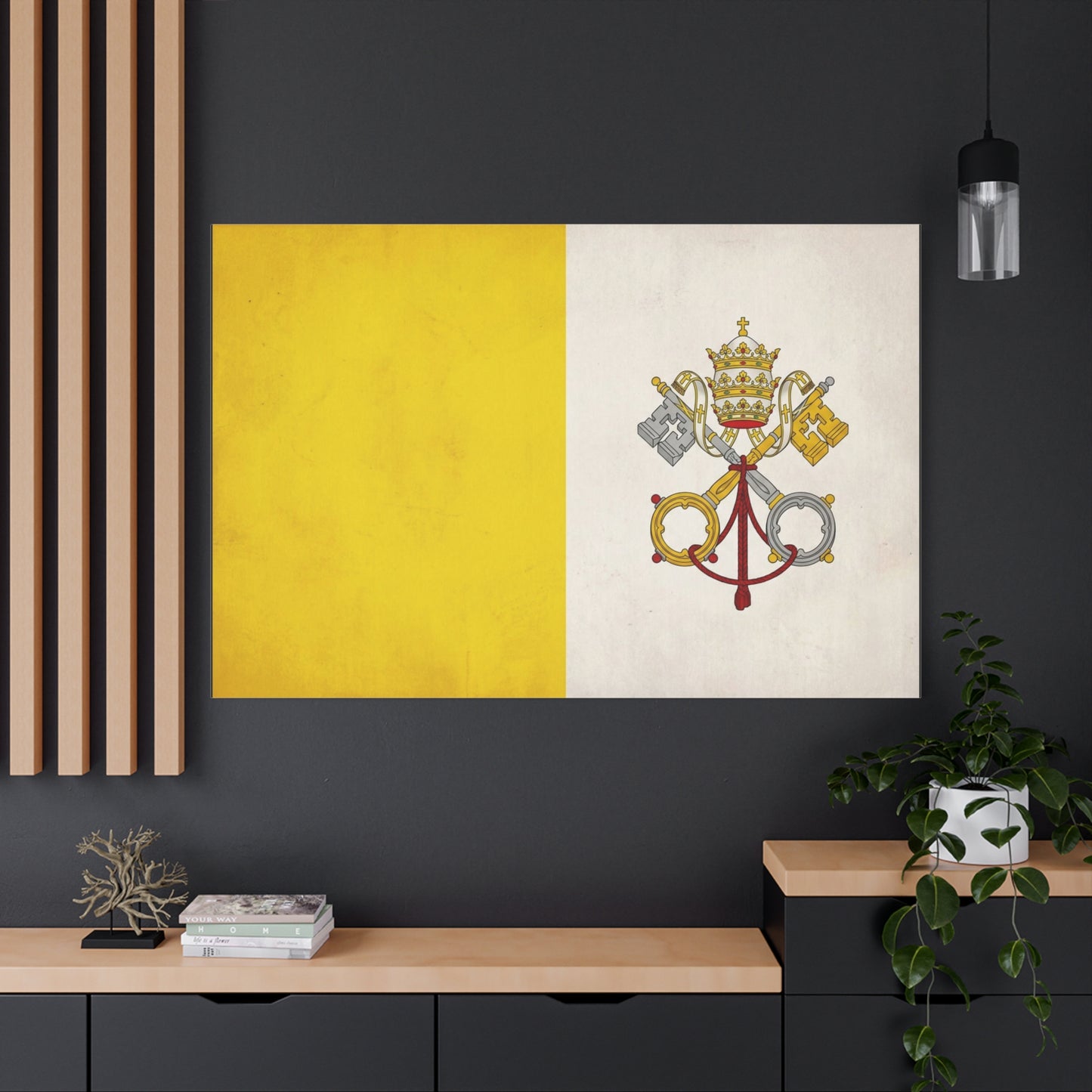Vatican Flag Canvas Wall Art - Papal Keys And Tiara Catholic Wall Decor - Yellow White Heraldic Print - Traditional Religious Style - Bedroom Home Decoration - Bedroom Home Decoration - Ready to Hang
