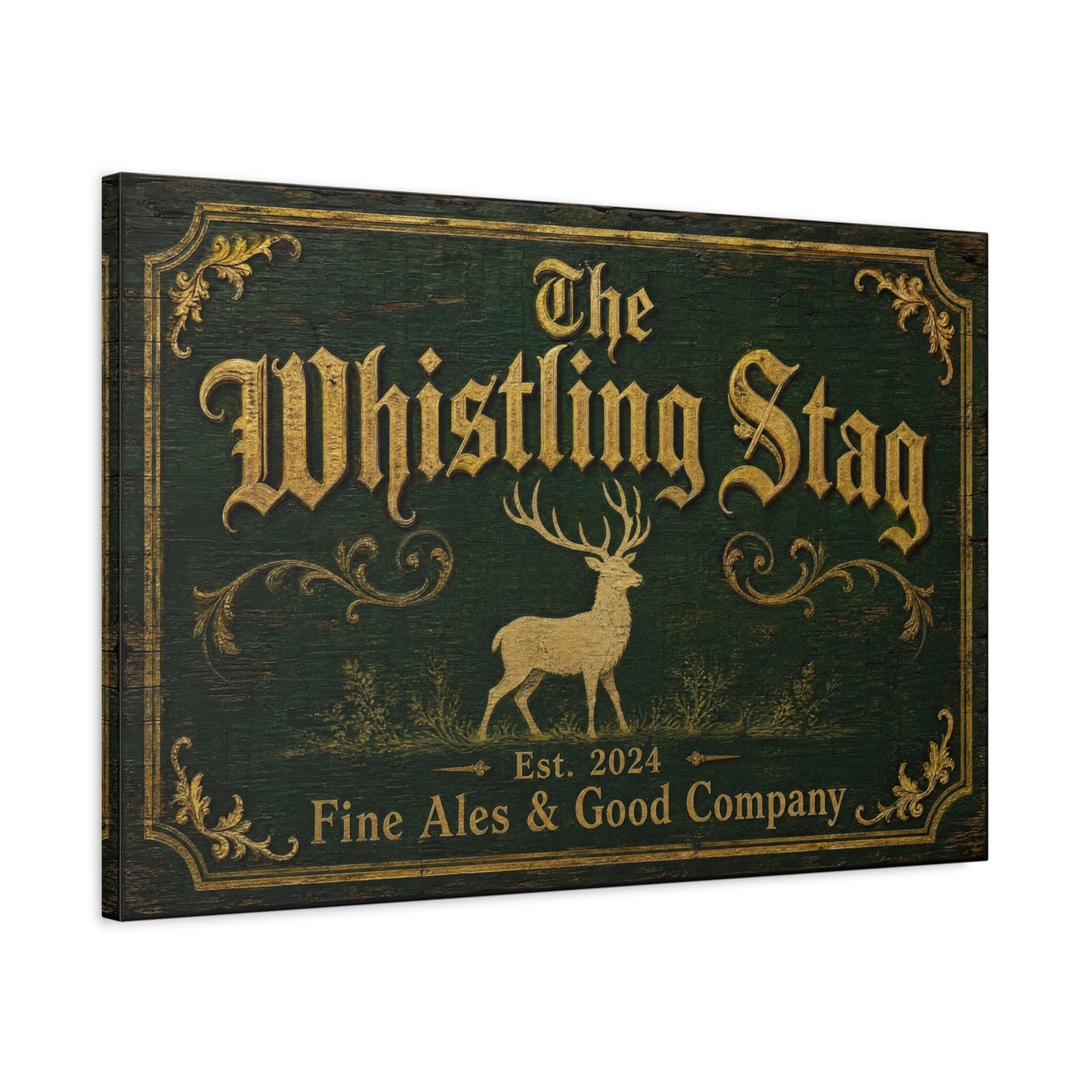 "The Whistling Stag" Canvas Wall Art - Vintage Deer Tavern Sign, Rustic Typography Print - Woodland Pub Style, Green And Gold - Bar Cart Accent - Ready to Hang - Pub Wall Art - Cocktail Lounge Decor