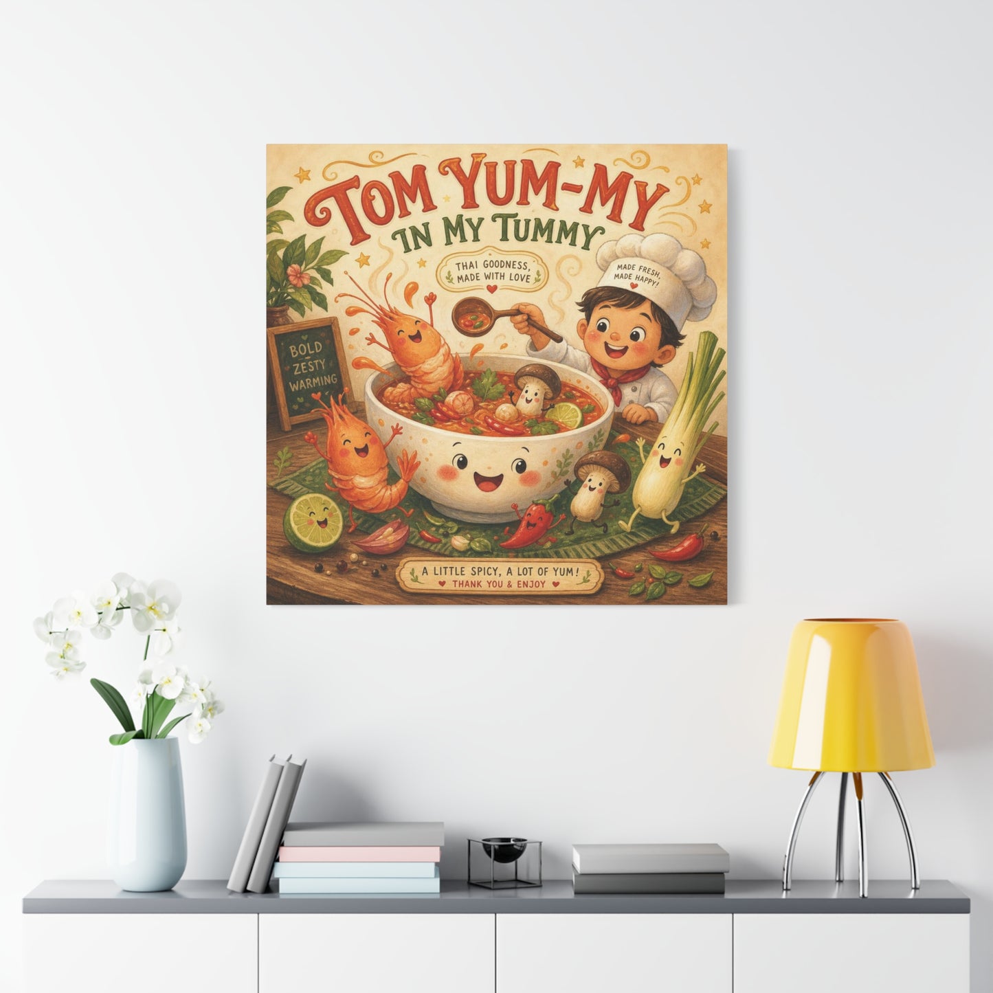 "Tom Yum-My In My Tummy" Canvas Wall Art - Cute Thai Soup Chef Illustration, Whimsical Kitchen Decor - Matte Cotton Canvas Print - Vintage Style Dining Room Wall Decor - Bedroom Home Decoration